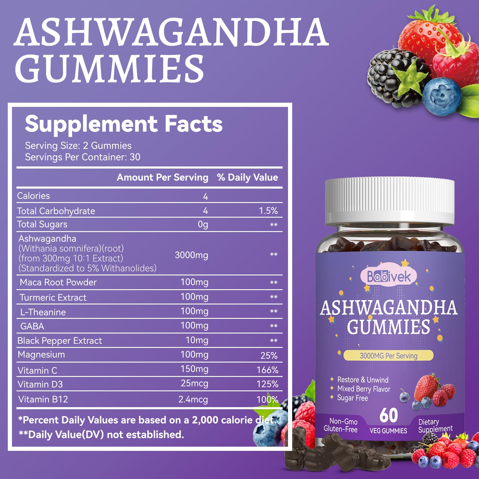 Babivek Ashwagandha Gummies 3000mg side view of bottle