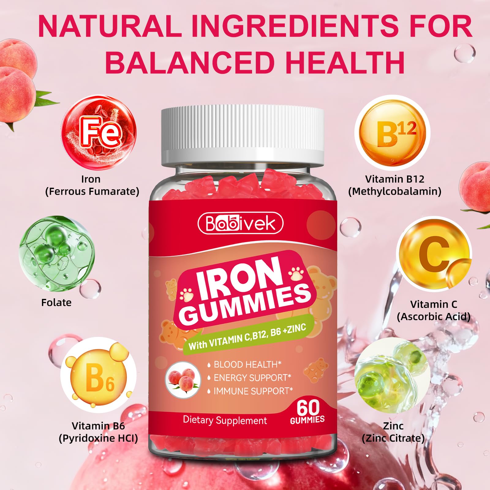 Babivek Iron Gummies with a peach