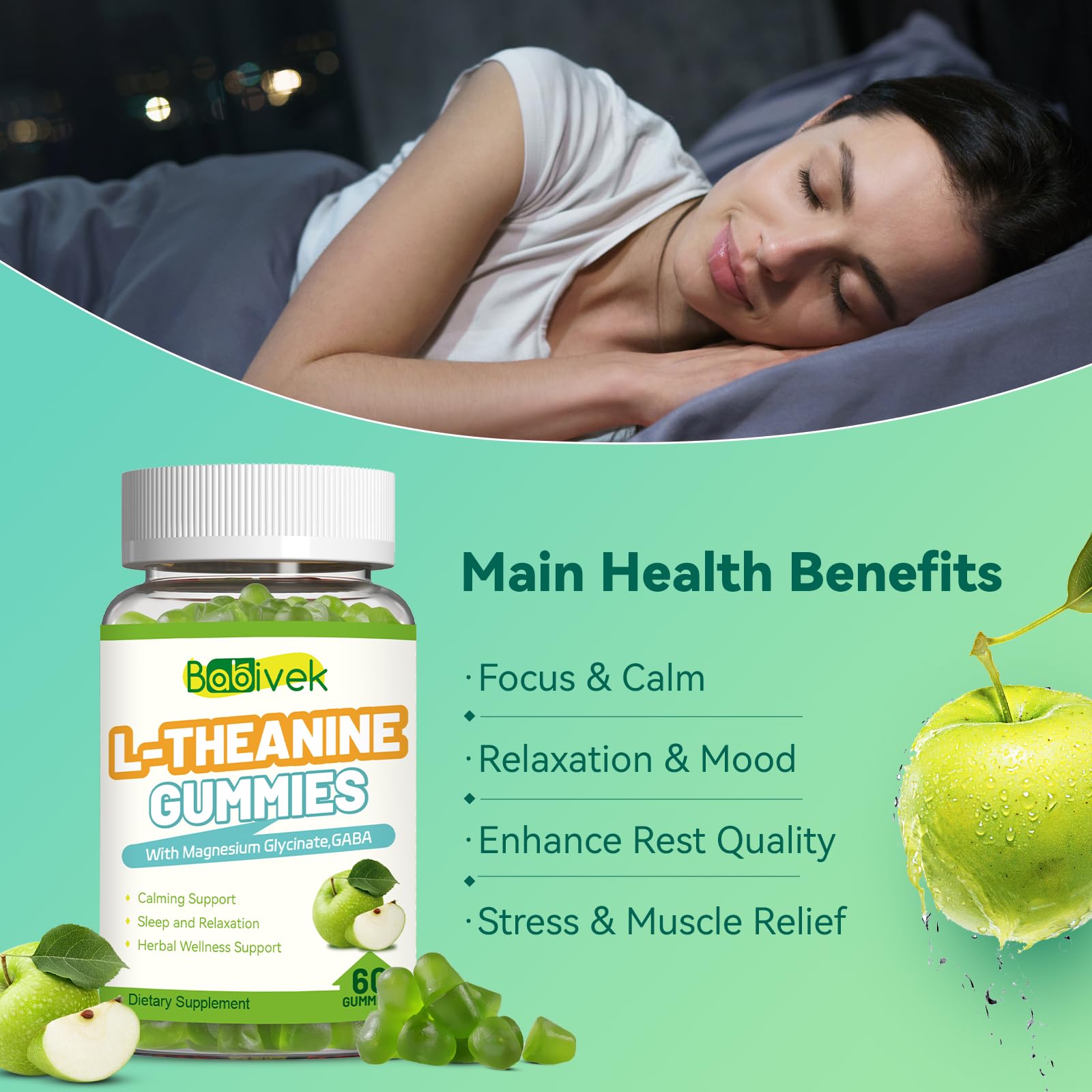 Babivek L-Theanine Gummies 400mg apple flavour close-up