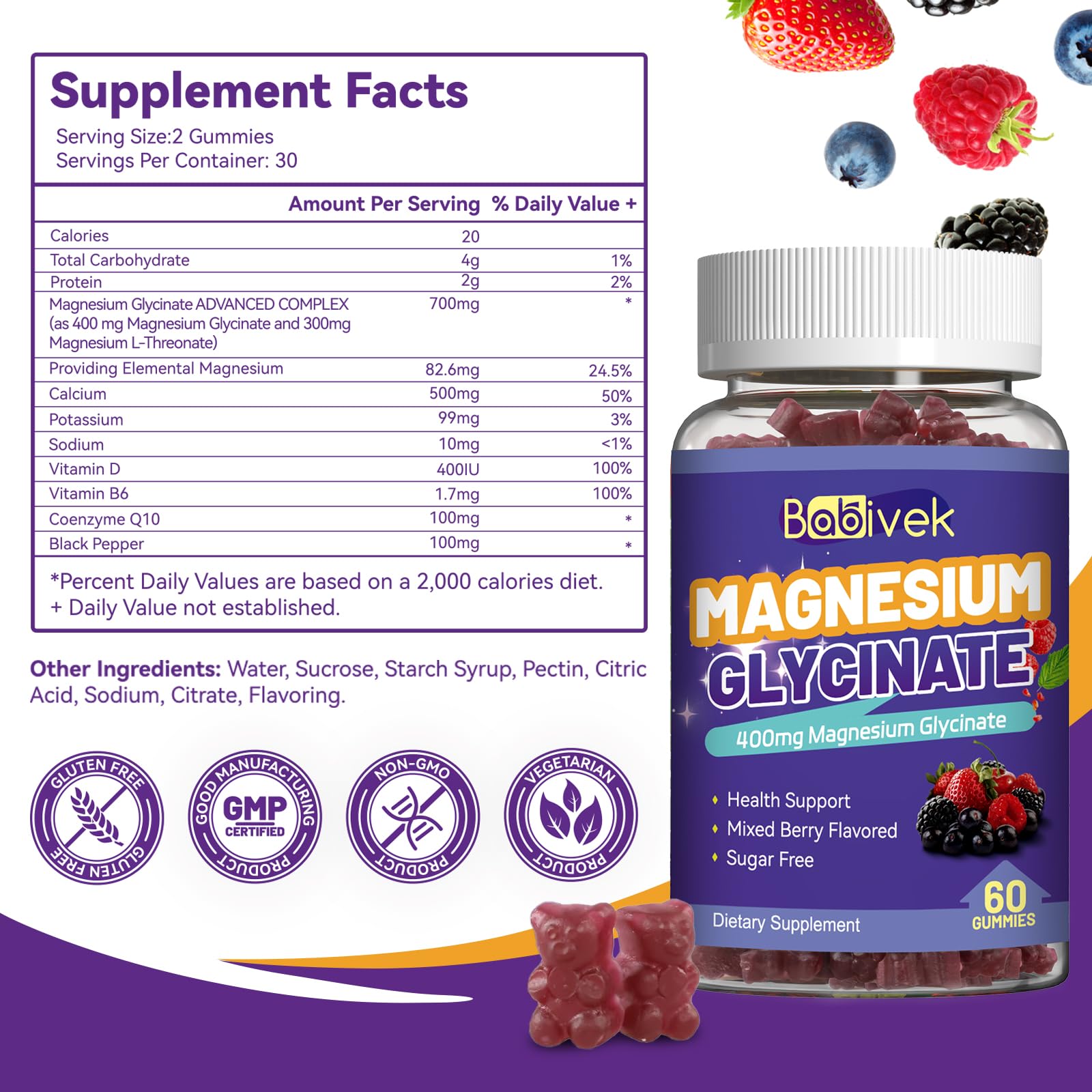 Babivek Magnesium Glycinate Gummies with fresh berries