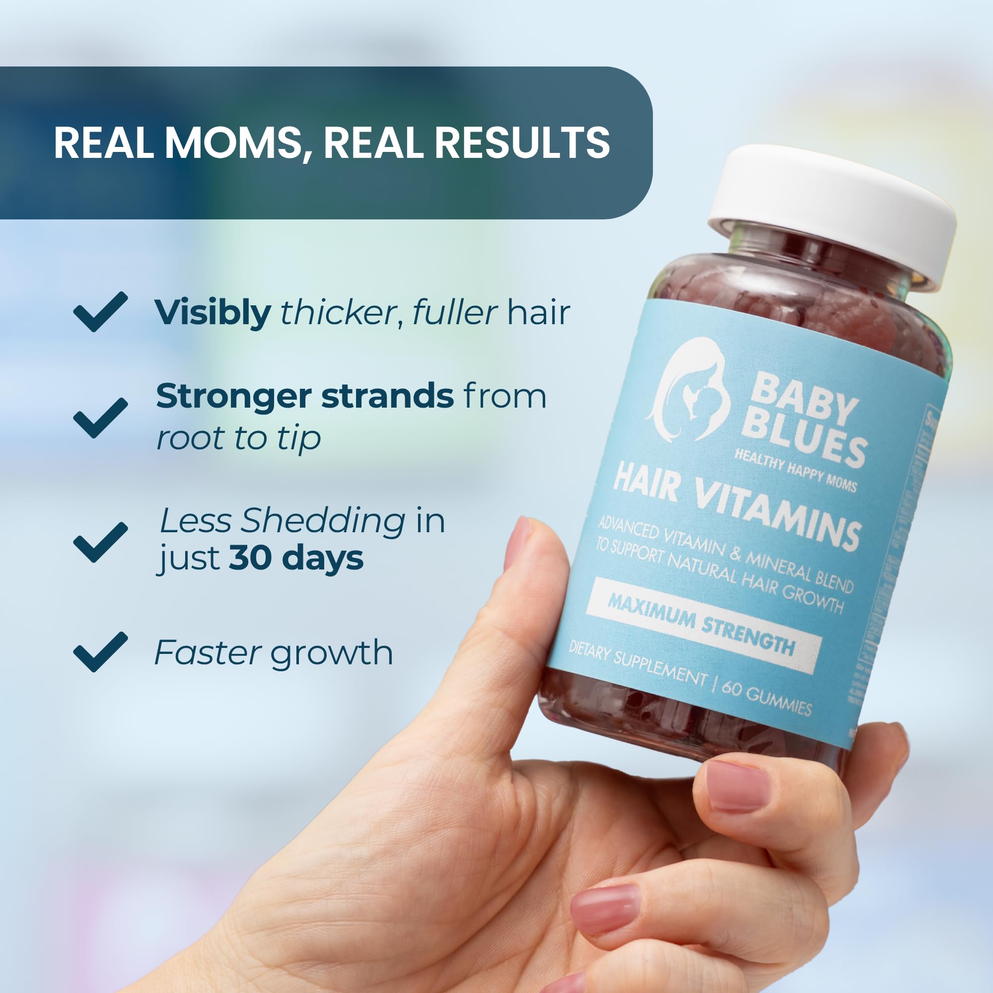 Baby Blues Postpartum Hair Loss Vitamins gummies arranged on a table