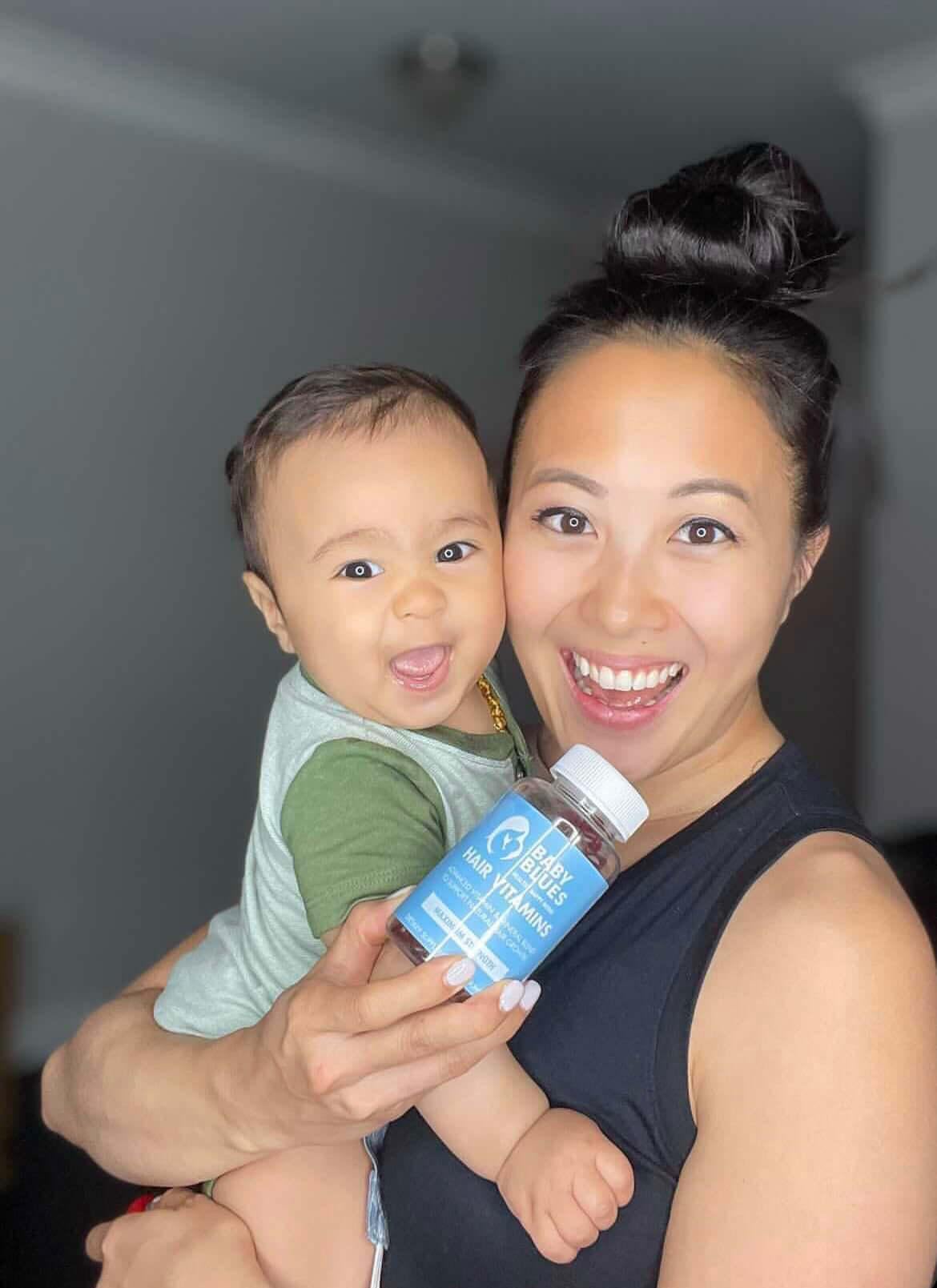 Baby Blues Postpartum Hair Loss Vitamins on a kitchen counter