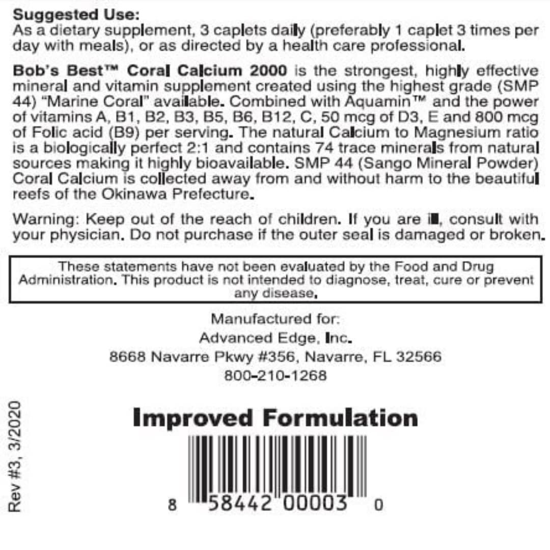 Back label of BOB'S BEST Coral Calcium supplement