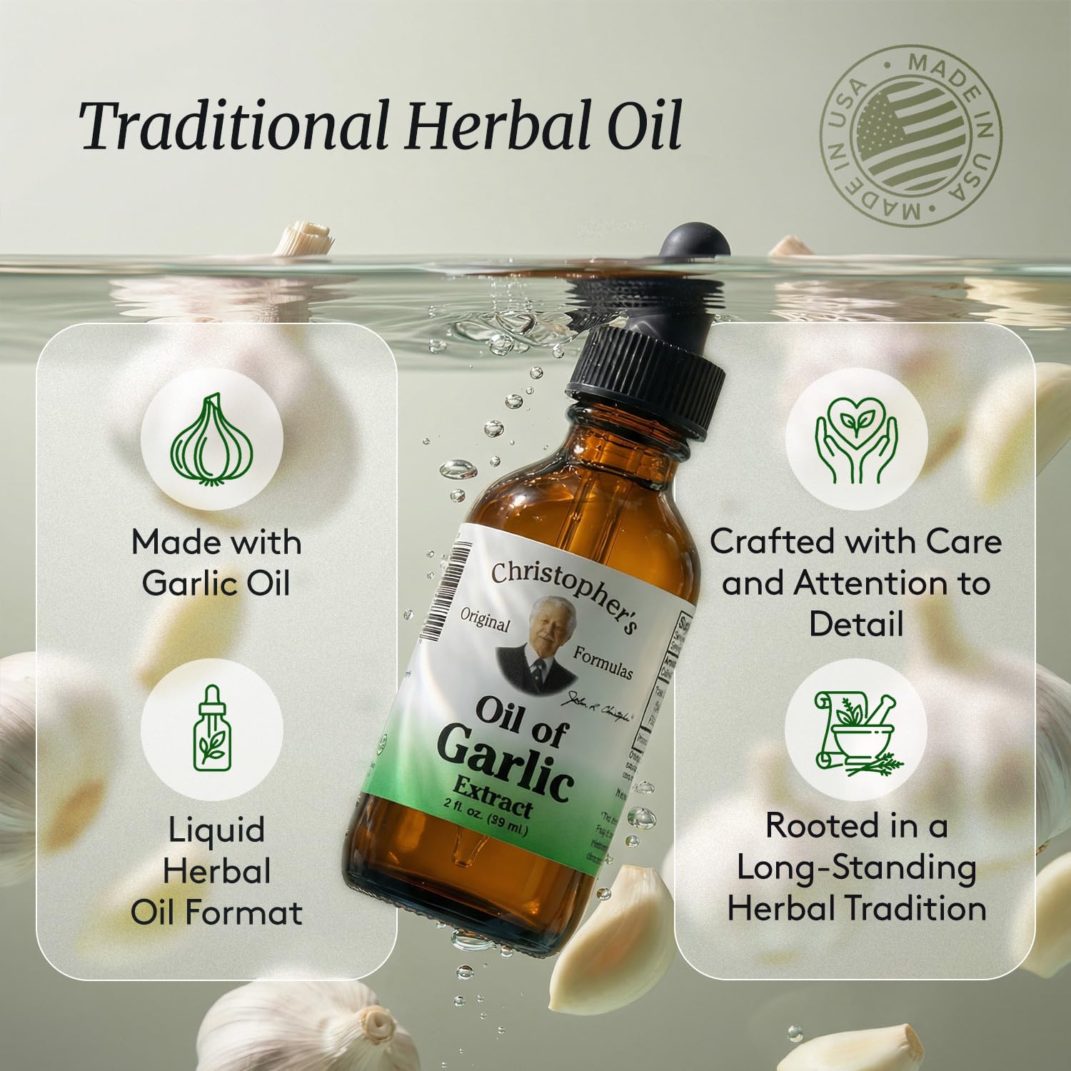 Back label of Christopher's Original Formulas Garlic Oil