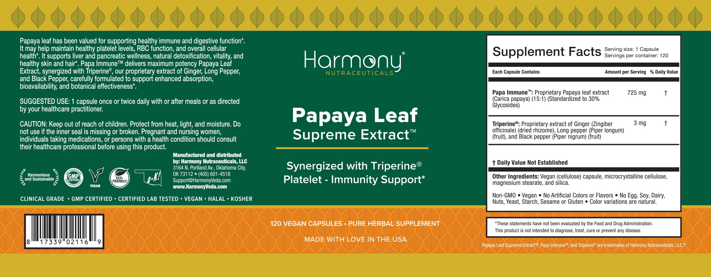 Back label of Harmony Nutraceuticals Papaya Leaf Extract showing ingredients
