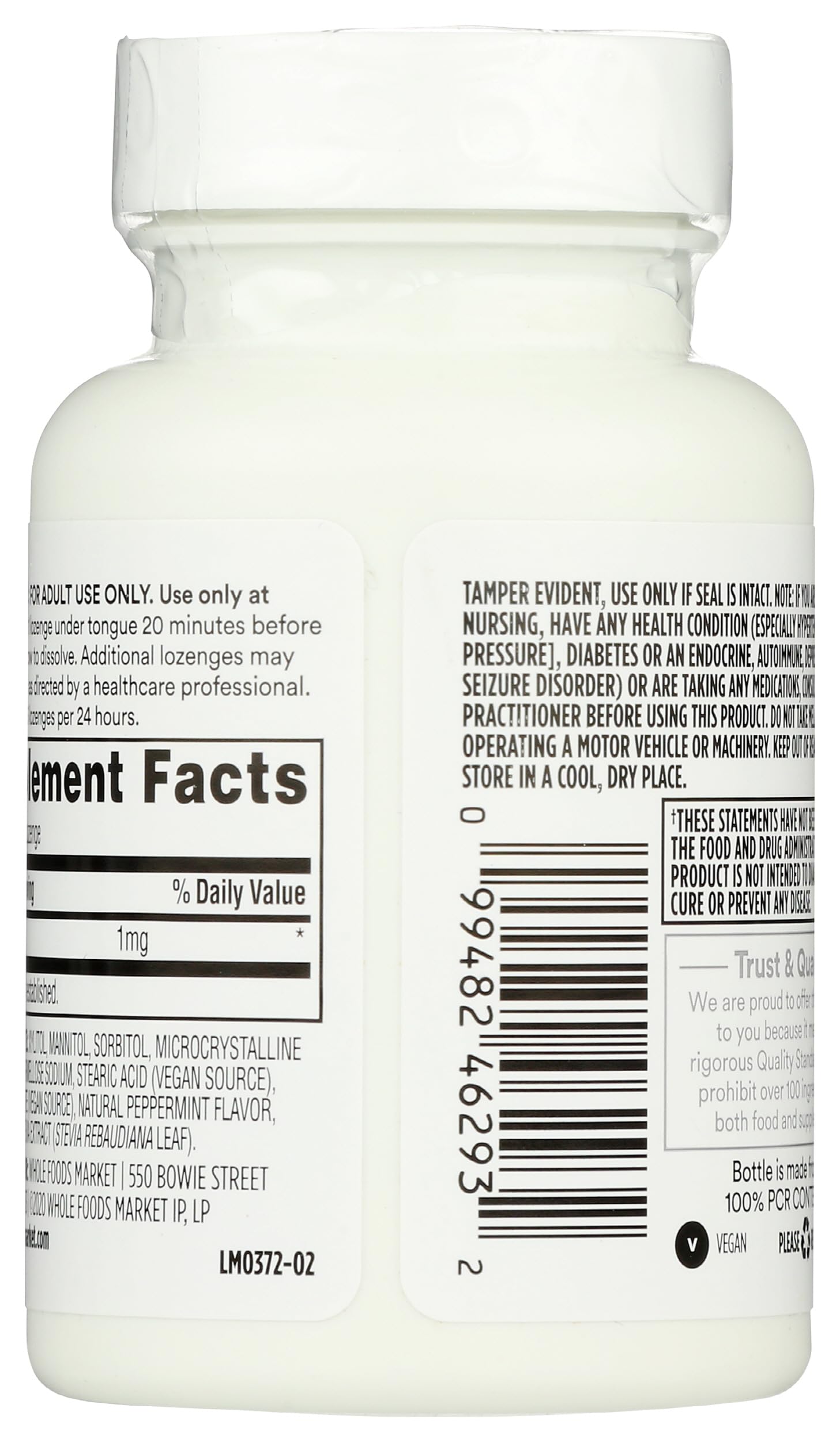 Back of 365 Melatonin Lozenges packaging showing ingredients