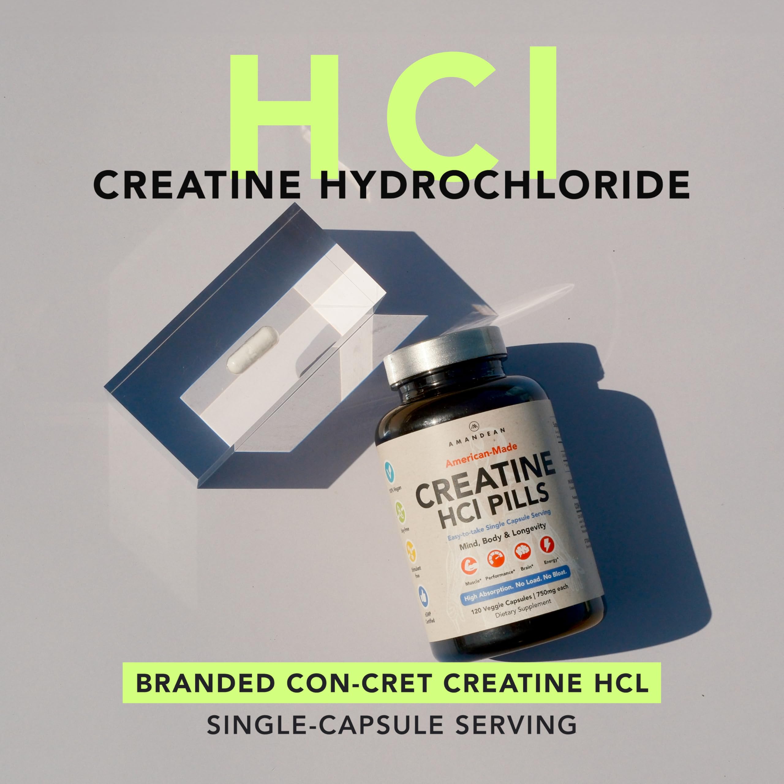Back of AMANDEAN Creatine HCl 750mg capsule bottle