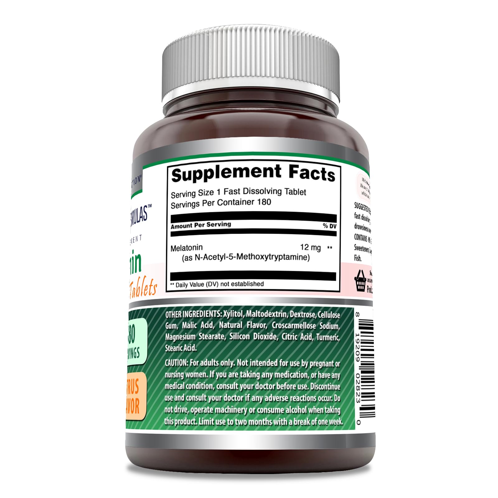 Back of Amazing Nutrition Melatonin 12 Mg Tablets packaging