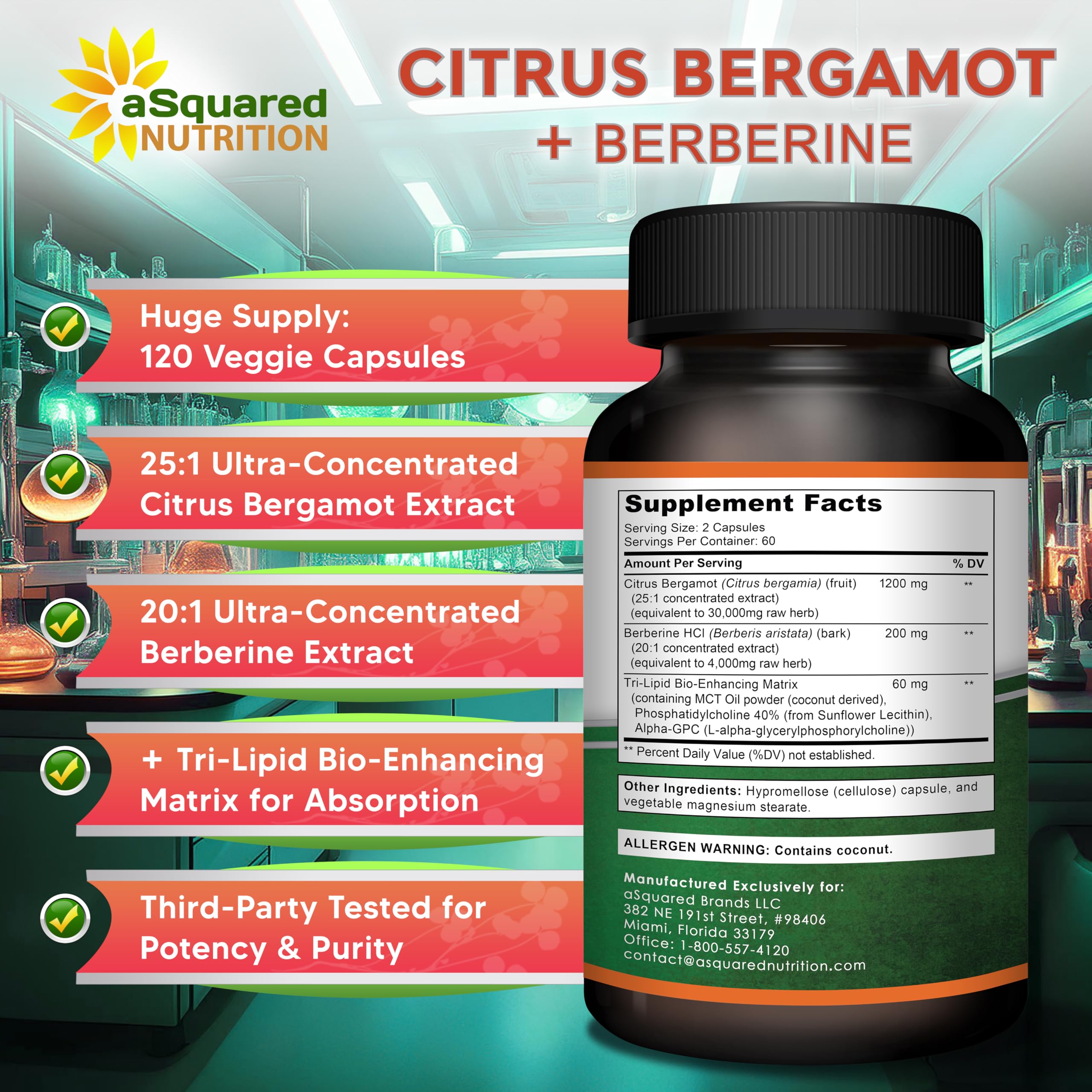 Back of aSquared Nutrition Citrus Bergamot + Berberine Capsules bottle