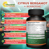 Back of aSquared Nutrition Citrus Bergamot + Berberine Capsules bottle