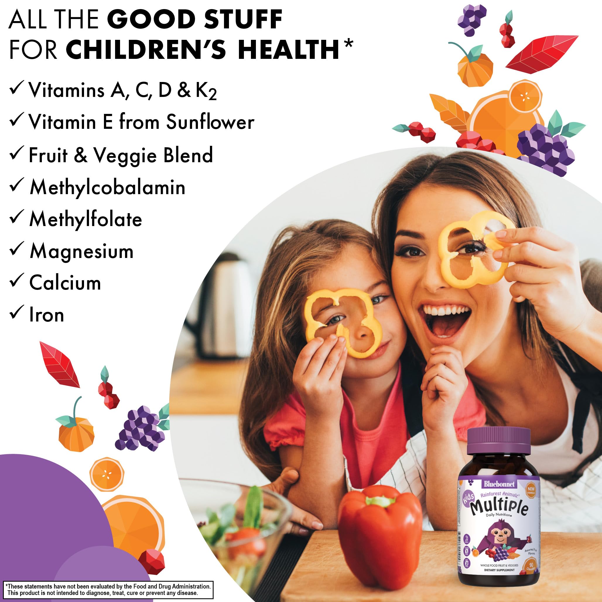 Back of BlueBonnet Kids Multivitamin packaging showing ingredients