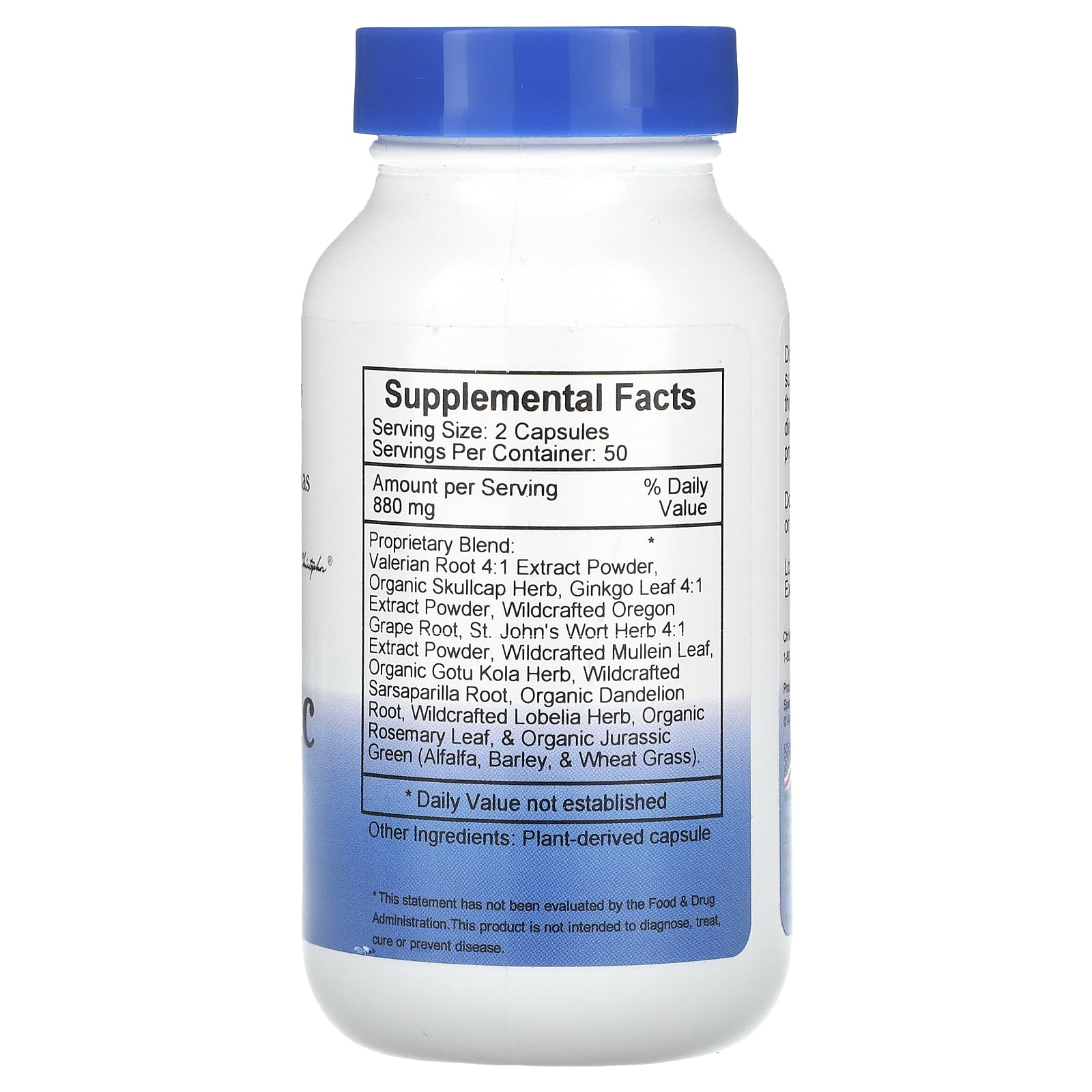 Back of Christopher's Original Formulas MindTrac Formula bottle showing ingredients