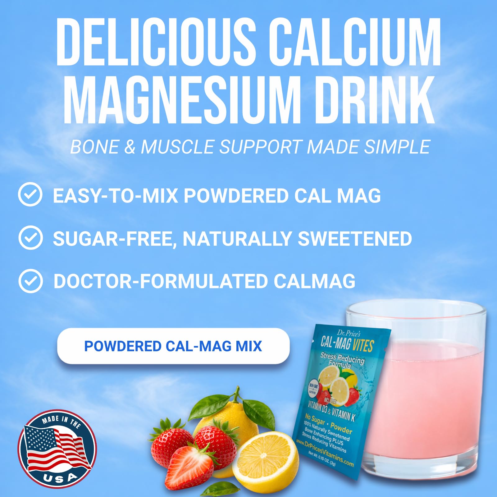 Back of Dr. Price's Vitamins Calcium & Magnesium Powder Packets packaging