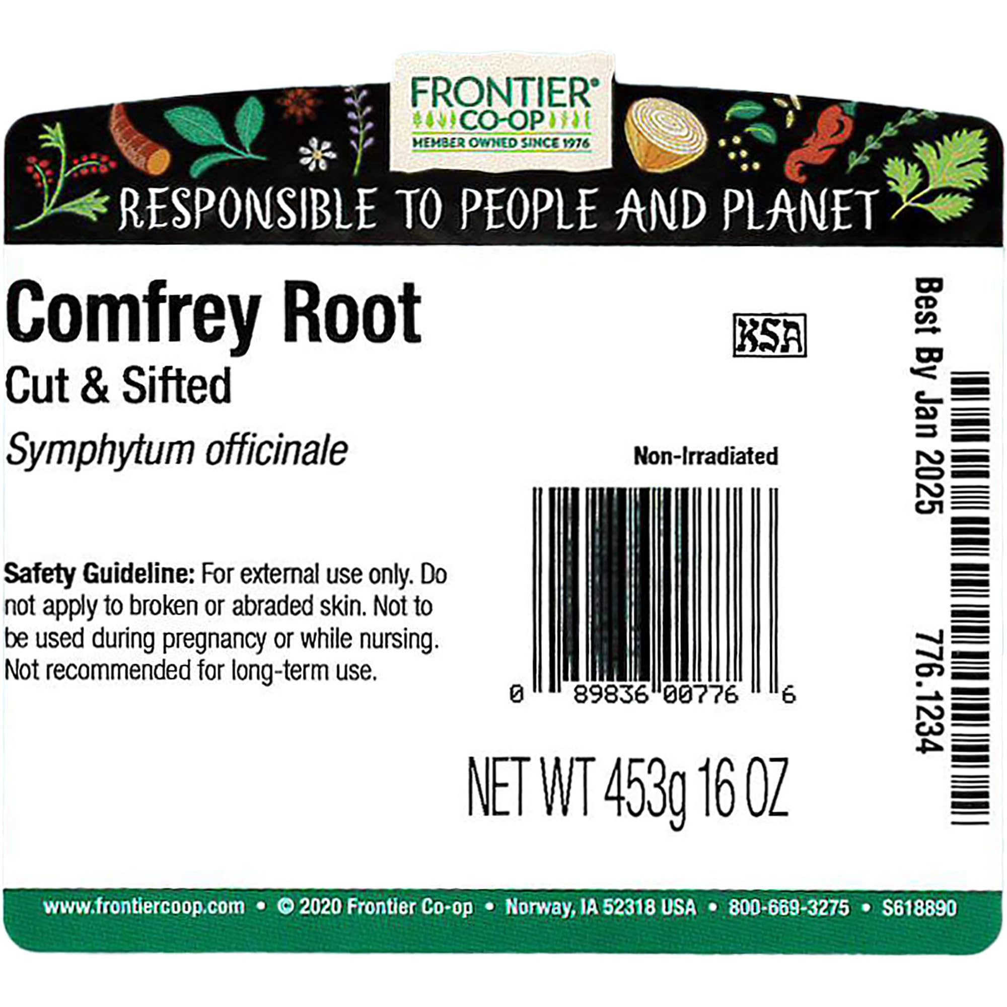 Back of Frontier Co-op Comfrey Root 454g bag