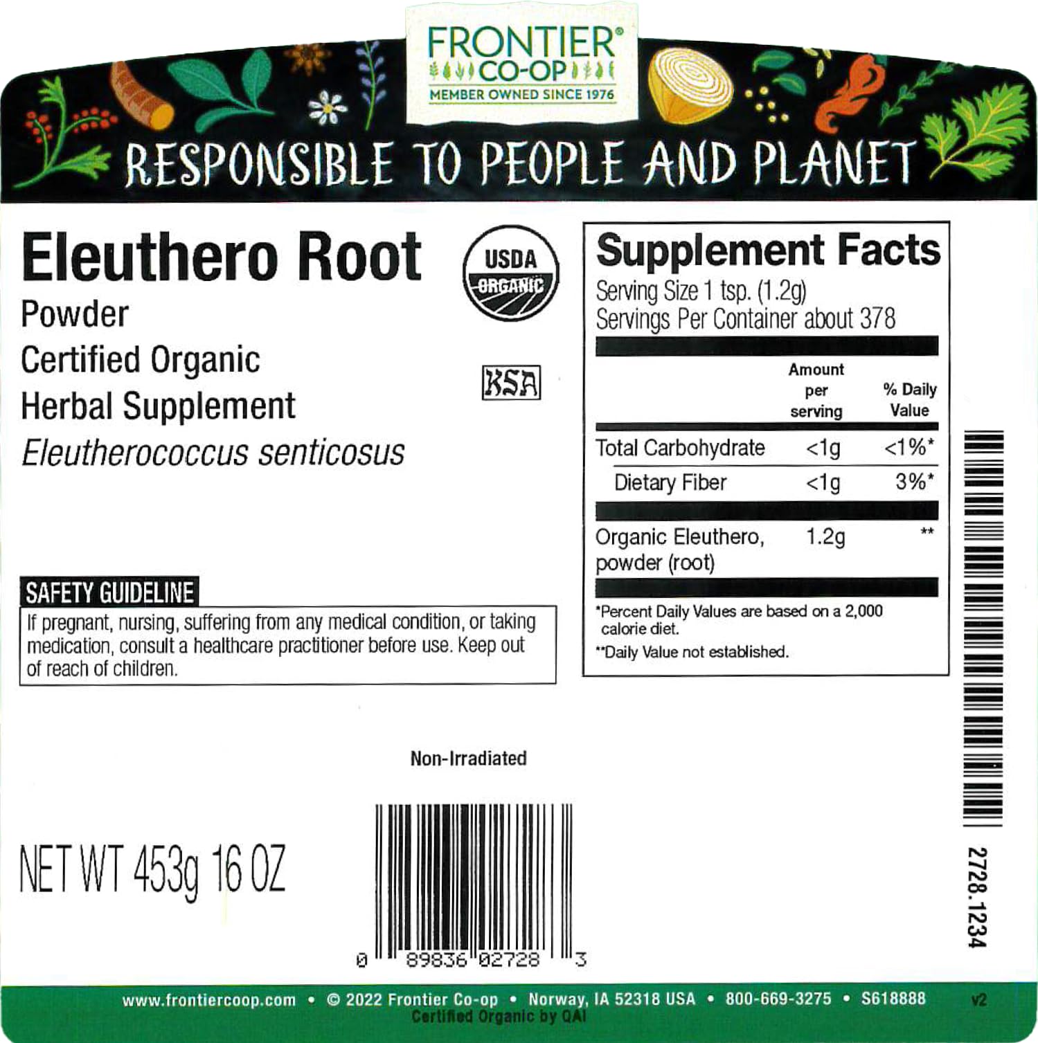 Back of Frontier Co-op Organic Eleuthero Ginseng packaging