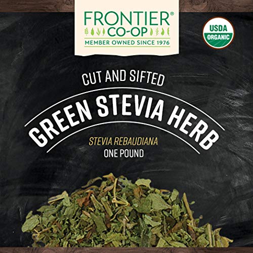Back of Frontier Co-op Organic Green Stevia Herb packaging