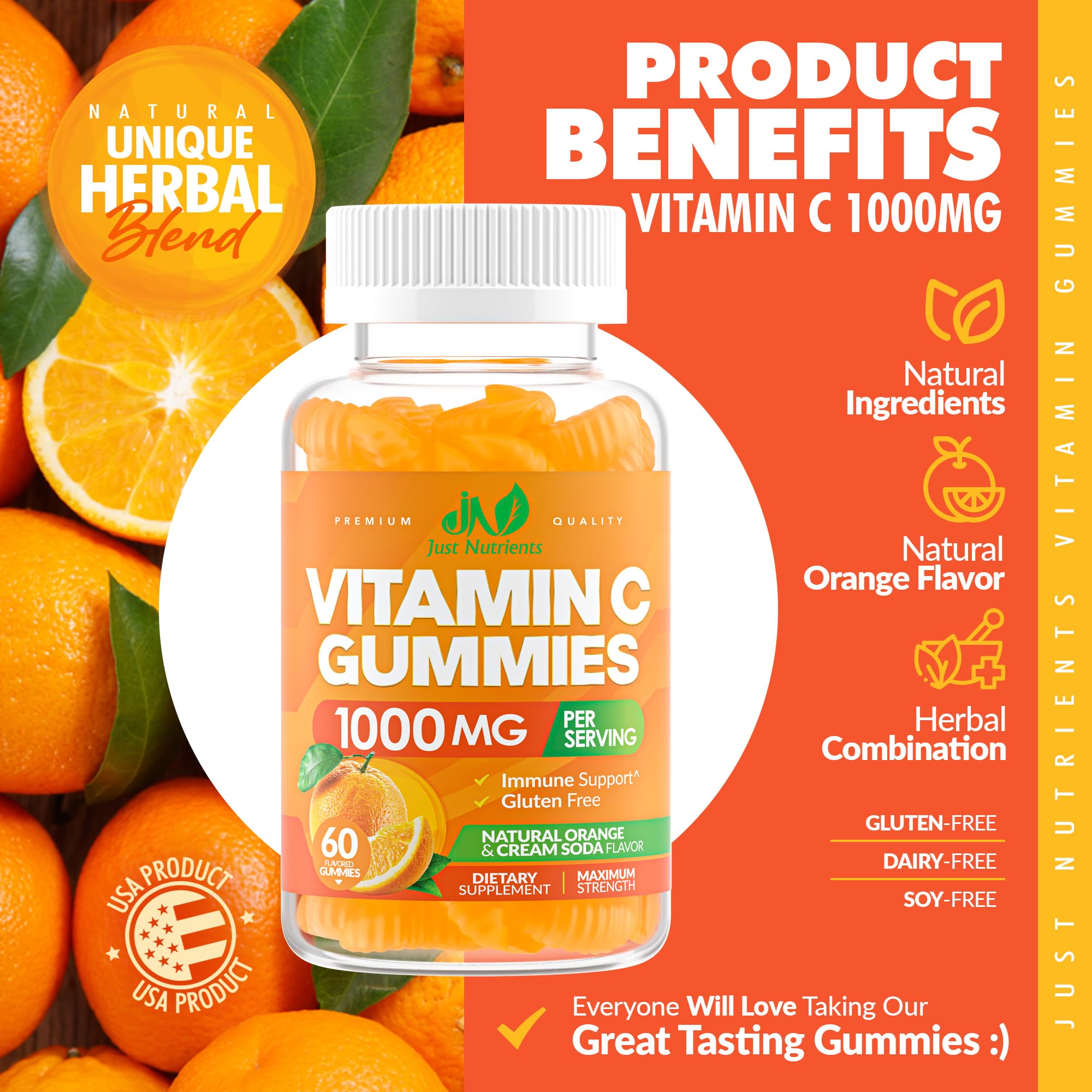Back of Just Nutrients Vitamin C Gummies bottle with ingredient list