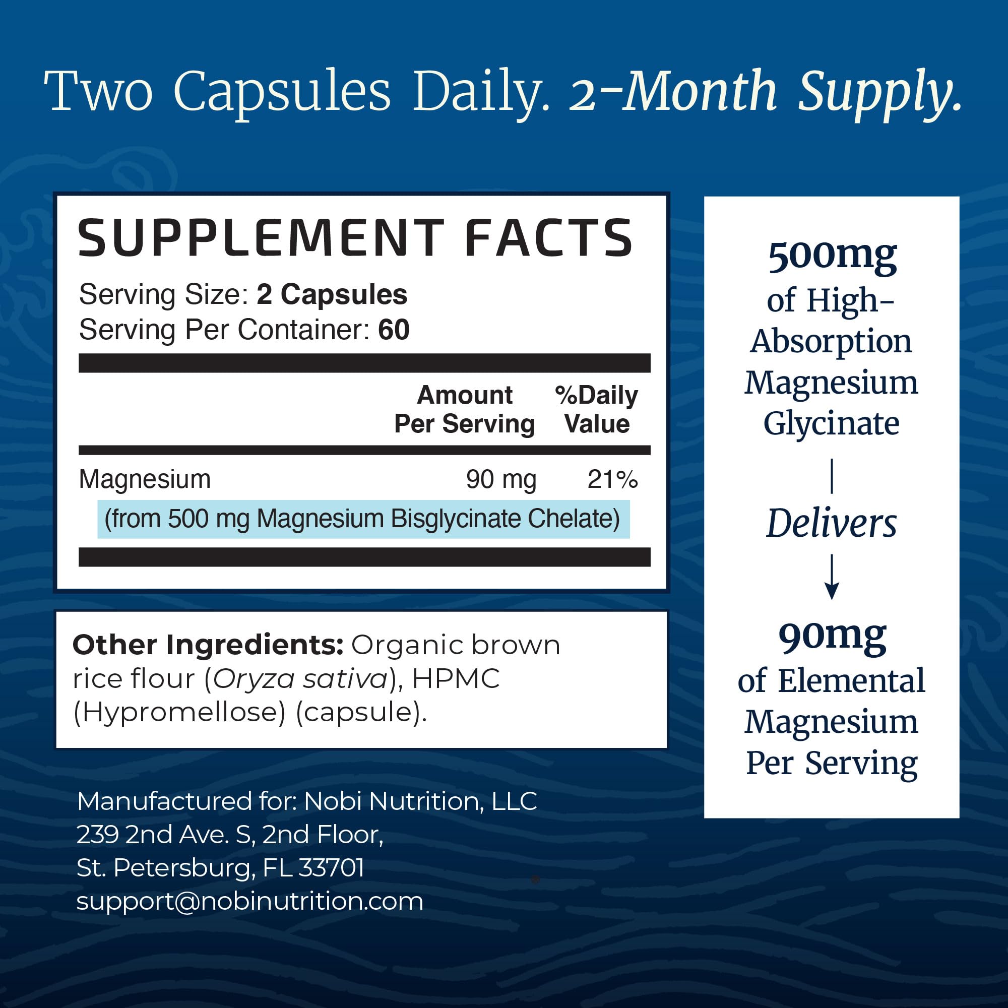 Back of Nobi Nutrition Magnesium Glycinate 500mg capsule bottle