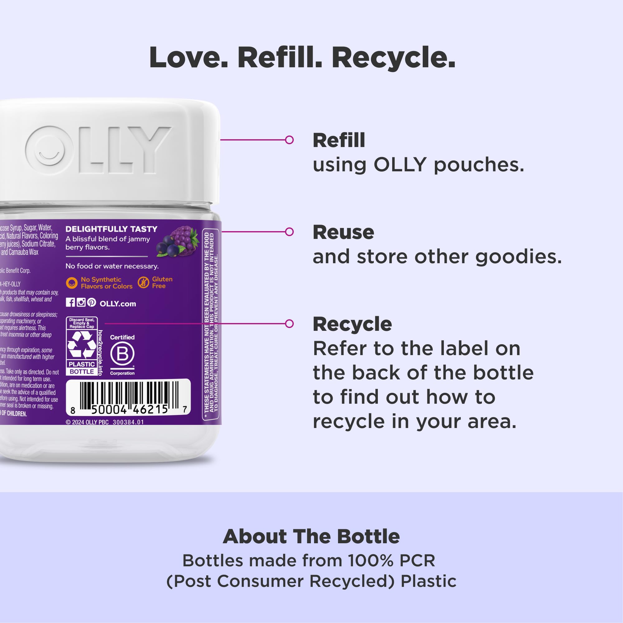 Back of OLLIE daily wellness Sleep + Elderberry Gummies packaging with ingredient list