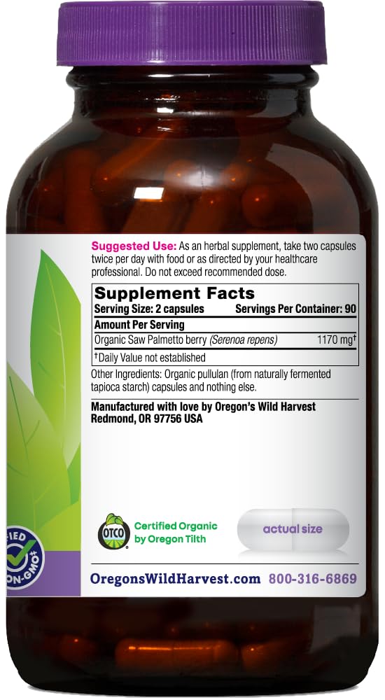 Back of Oregon's Wild Harvest Saw Palmetto Berry Capsules with ingredients