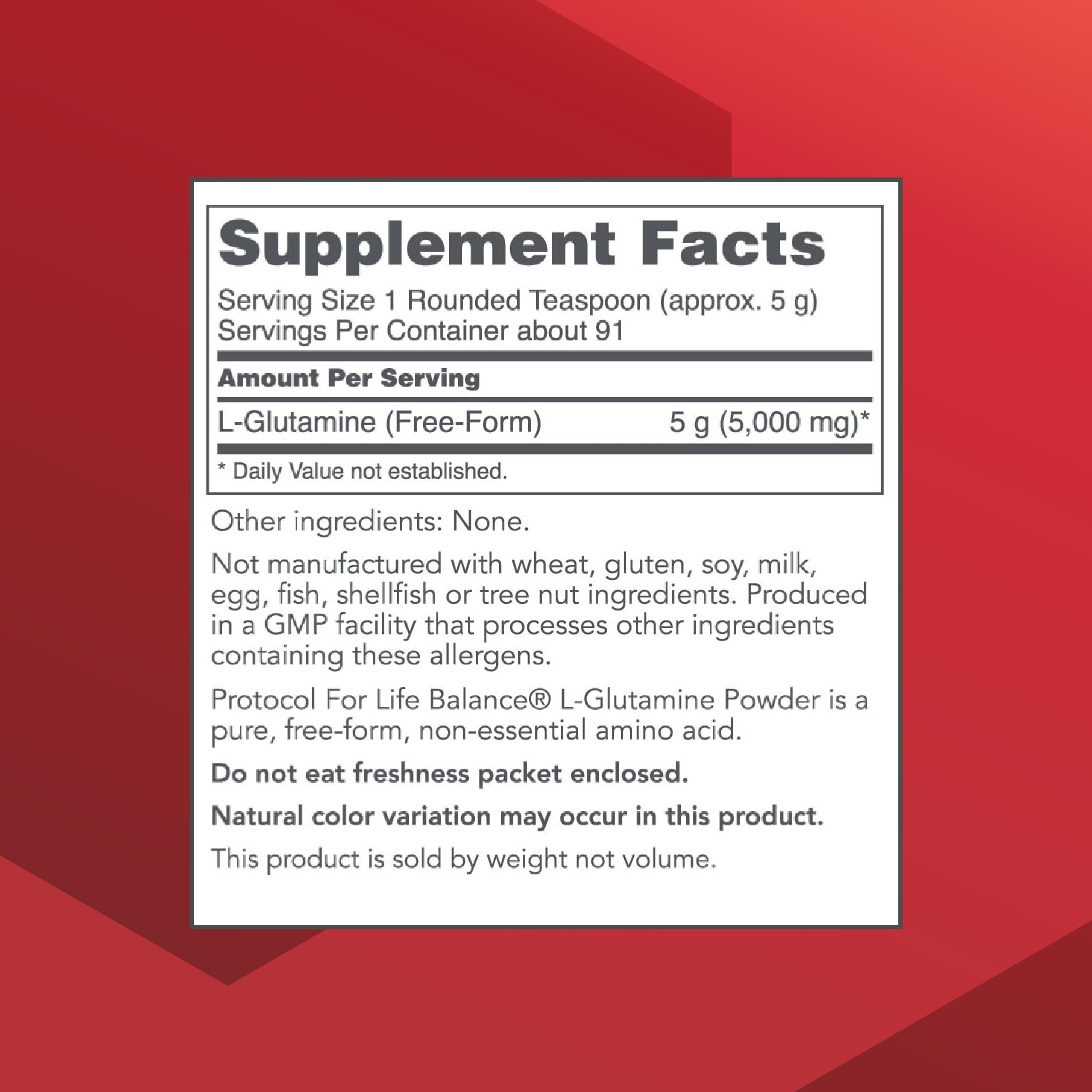 Back of PROTOCOL FOR LIFE BALANCE L-Glutamine Powder packaging