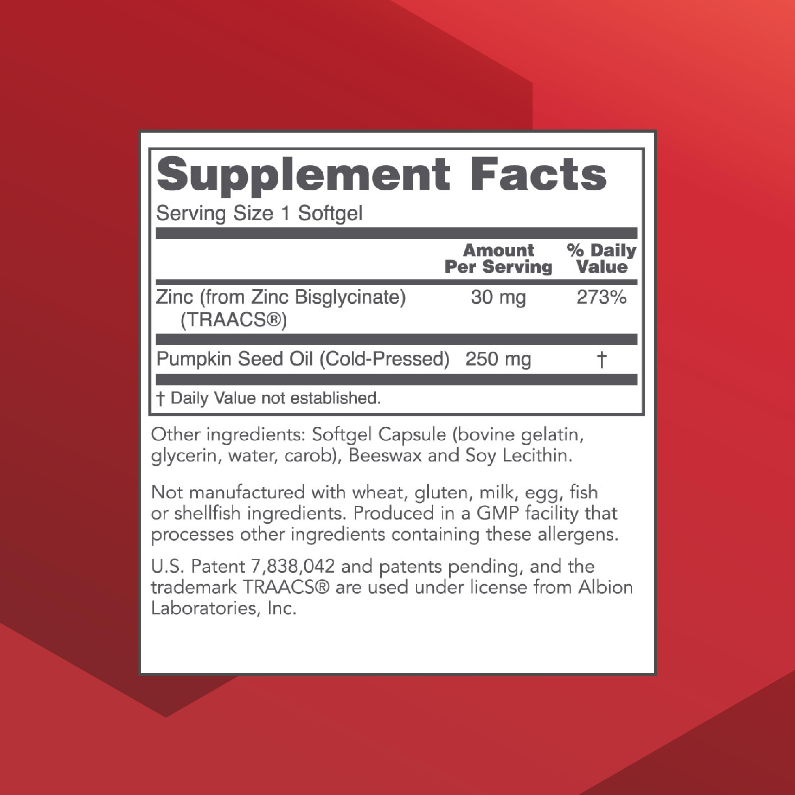 Back of PROTOCOL FOR LIFE BALANCE Zinc Glycinate 30mg Softgels packaging