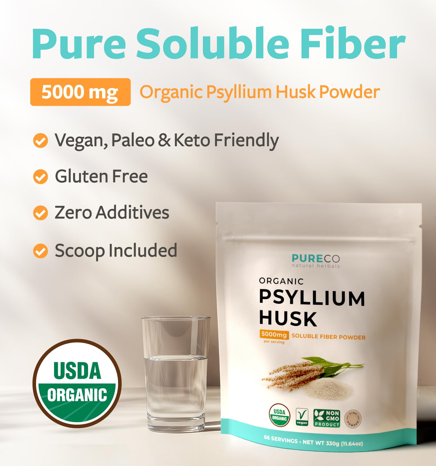 Back of PURE CO Organic Psyllium Husk Powder packaging