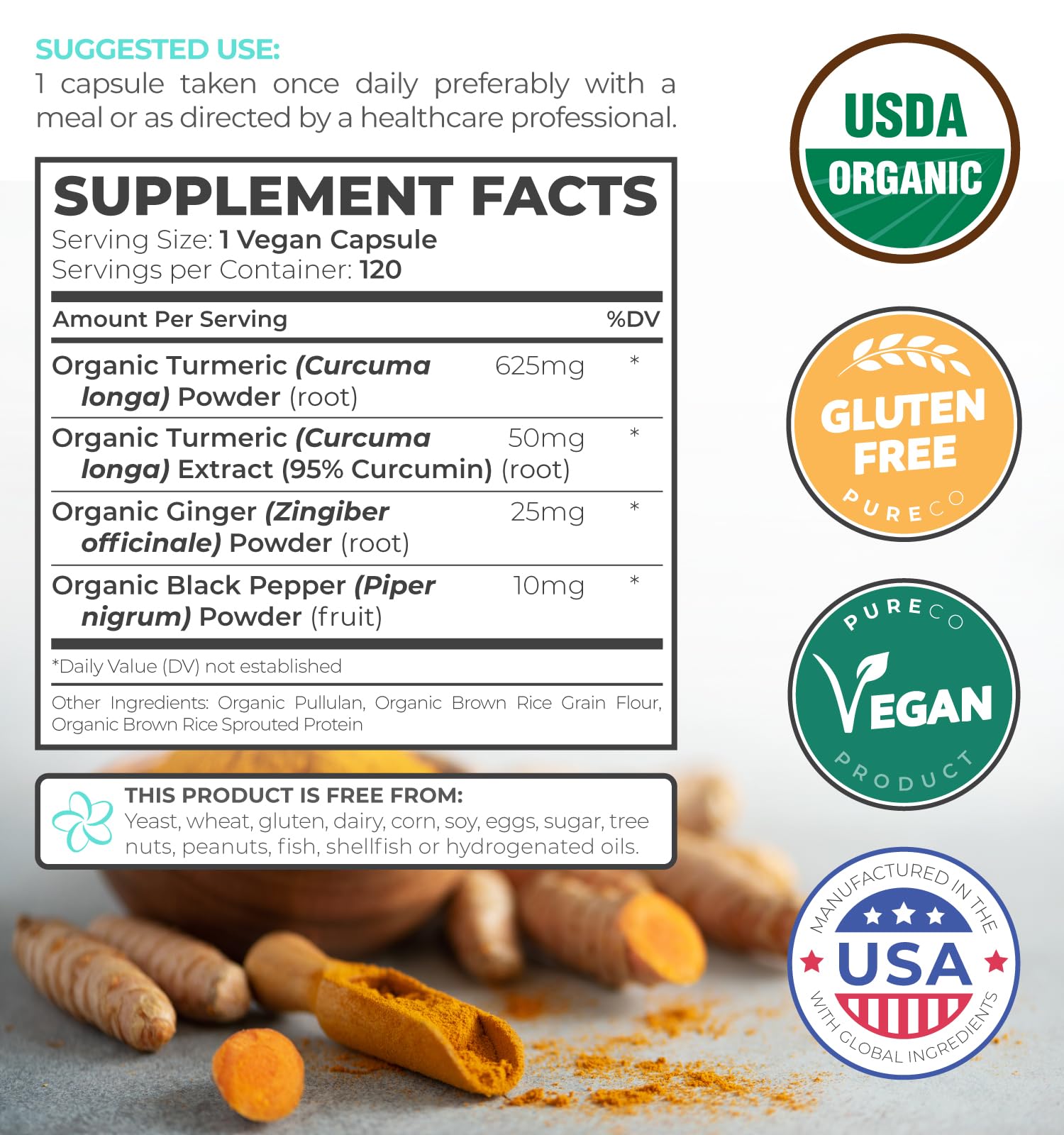 Back of PURE CO Organic Turmeric Capsules bottle