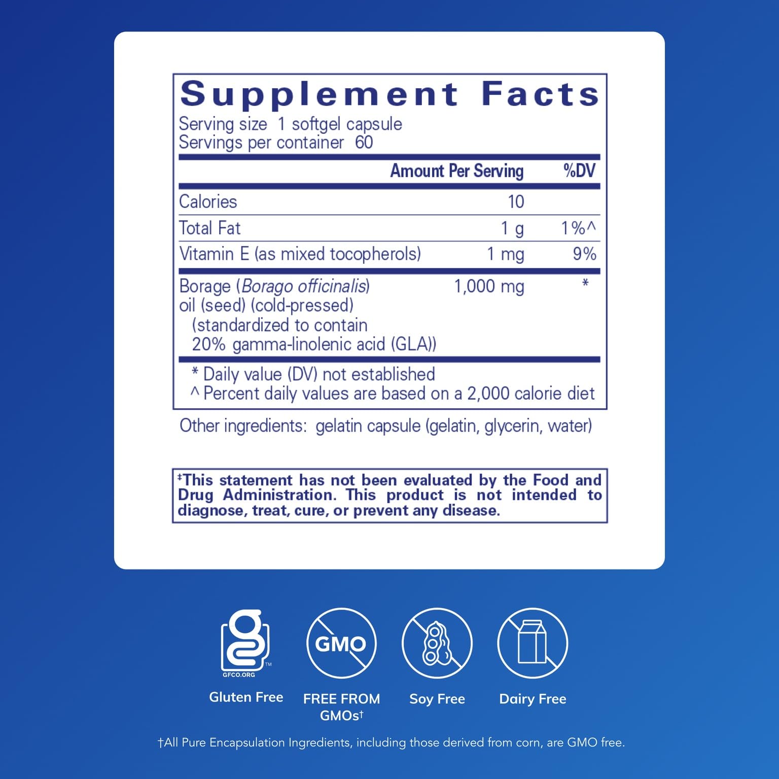 Back of Pure Encapsulations Borage Oil 1000mg softgels packaging
