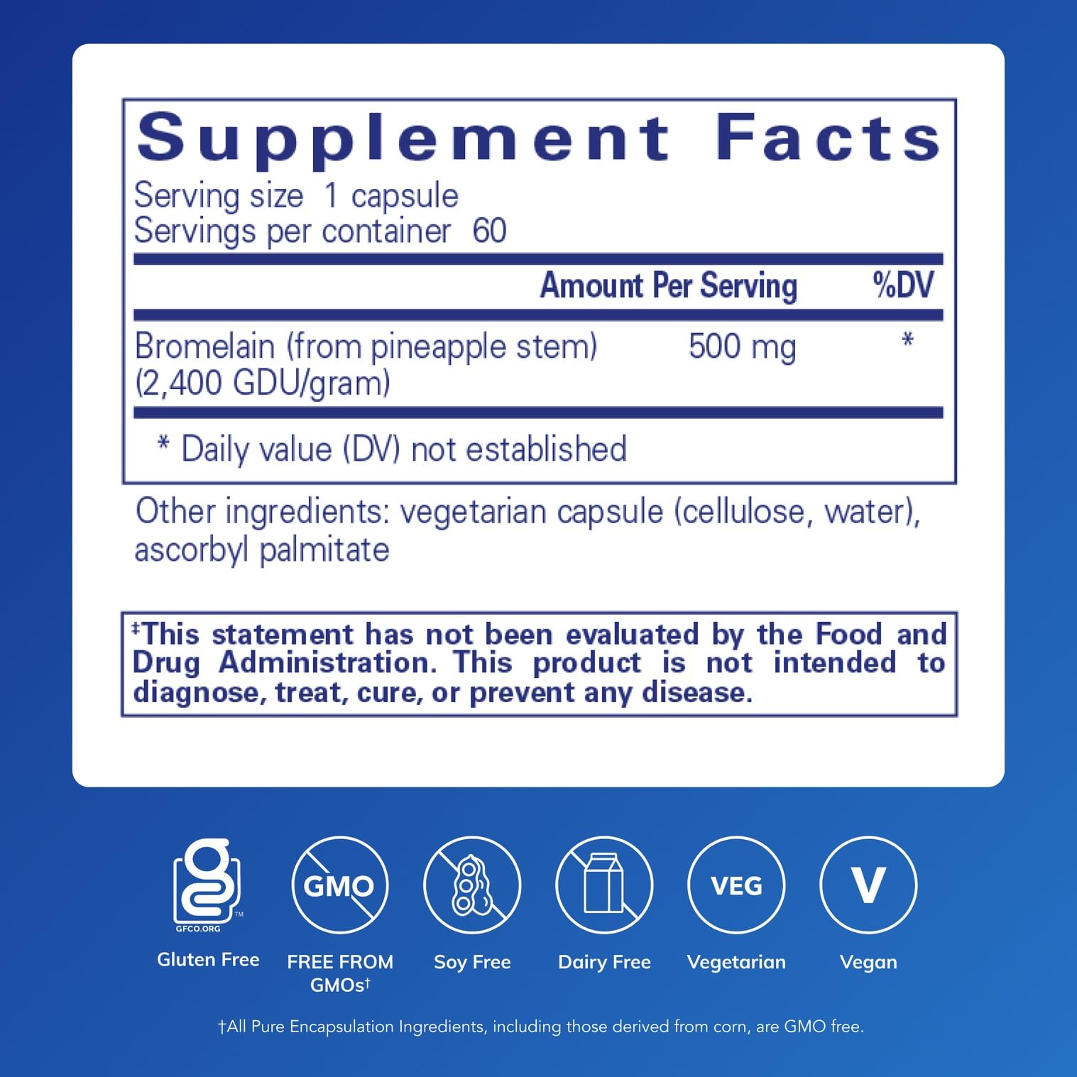 Back of Pure Encapsulations Bromelain 500mg vegan capsules packaging