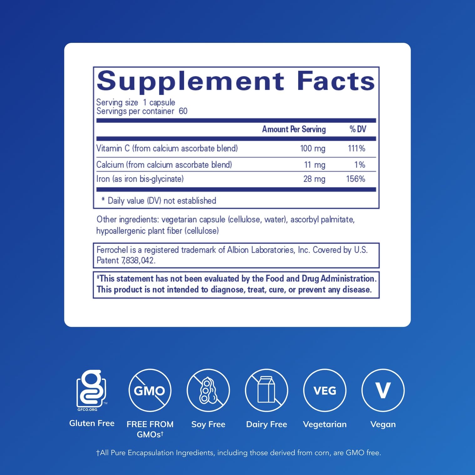 Back of Pure Encapsulations Iron Supplement packaging