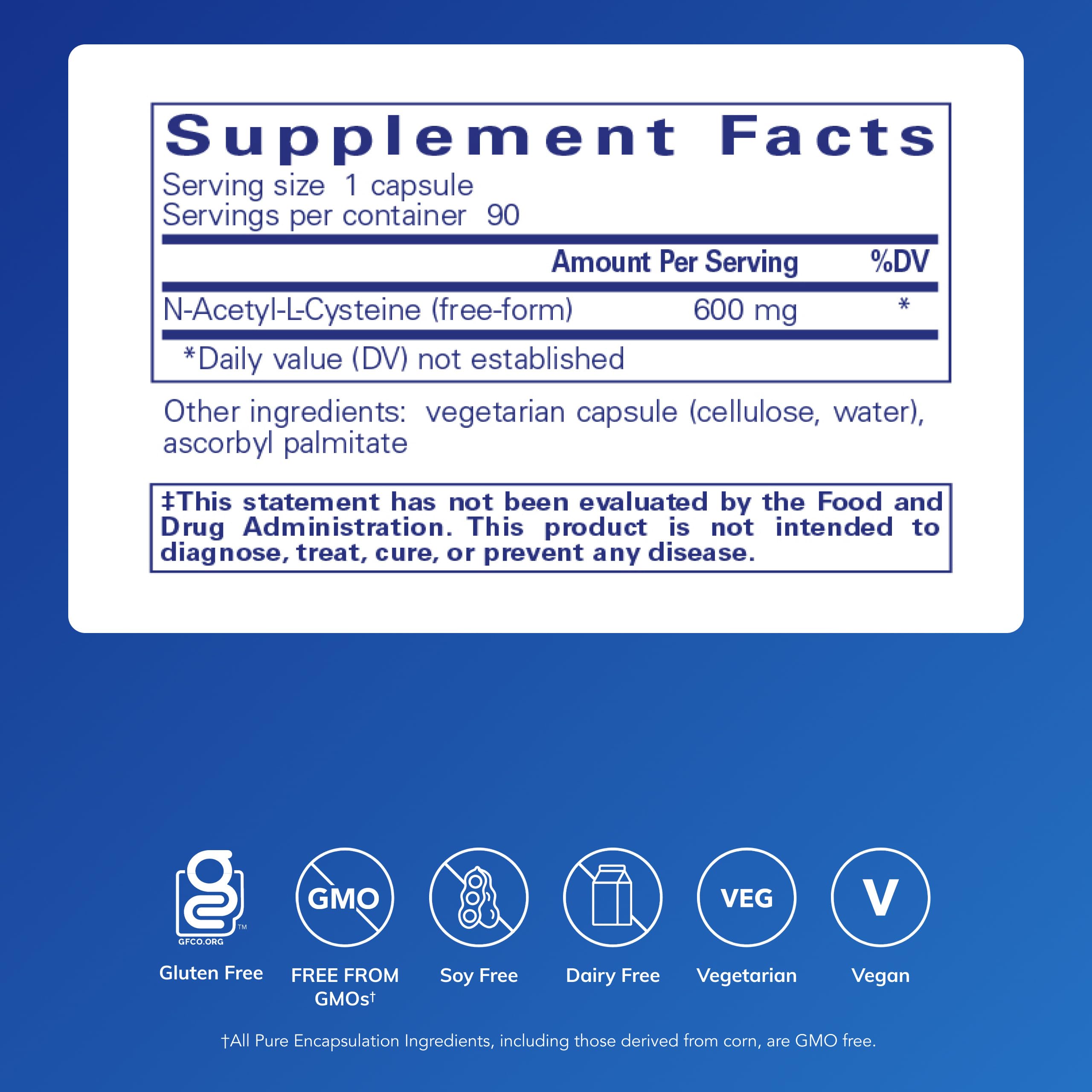 Back of Pure Encapsulations N-Acetyl Cysteine 600mg bottle