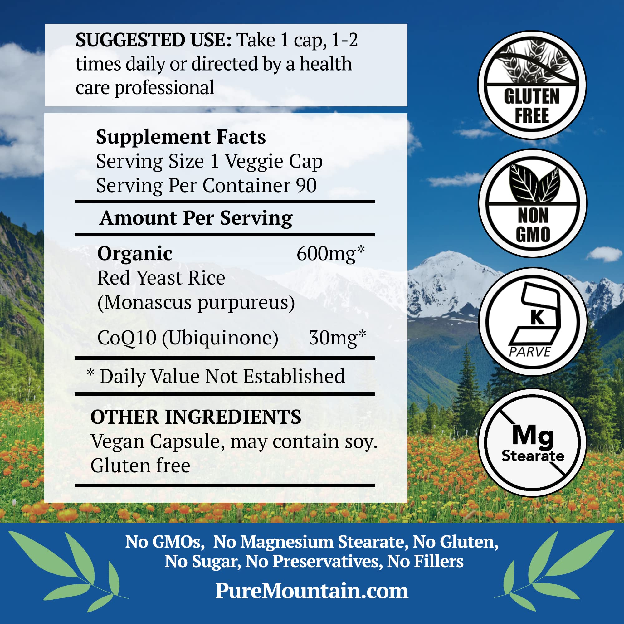 Back of Pure Mountain Botanicals Red Yeast Rice 600mg bottle
