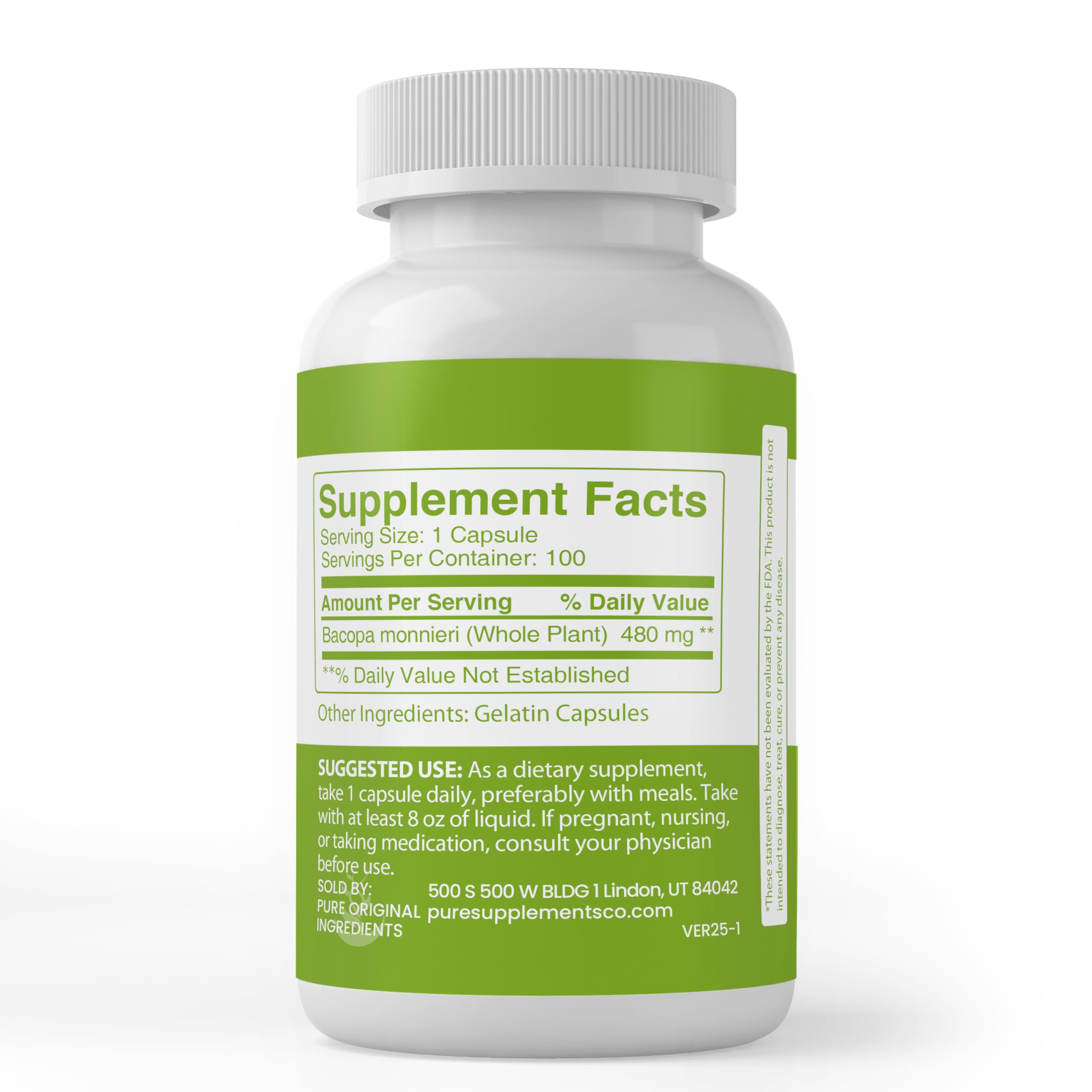 Back of PURE ORIGINAL INGREDIENTS Bacopa Monnieri Capsules packaging