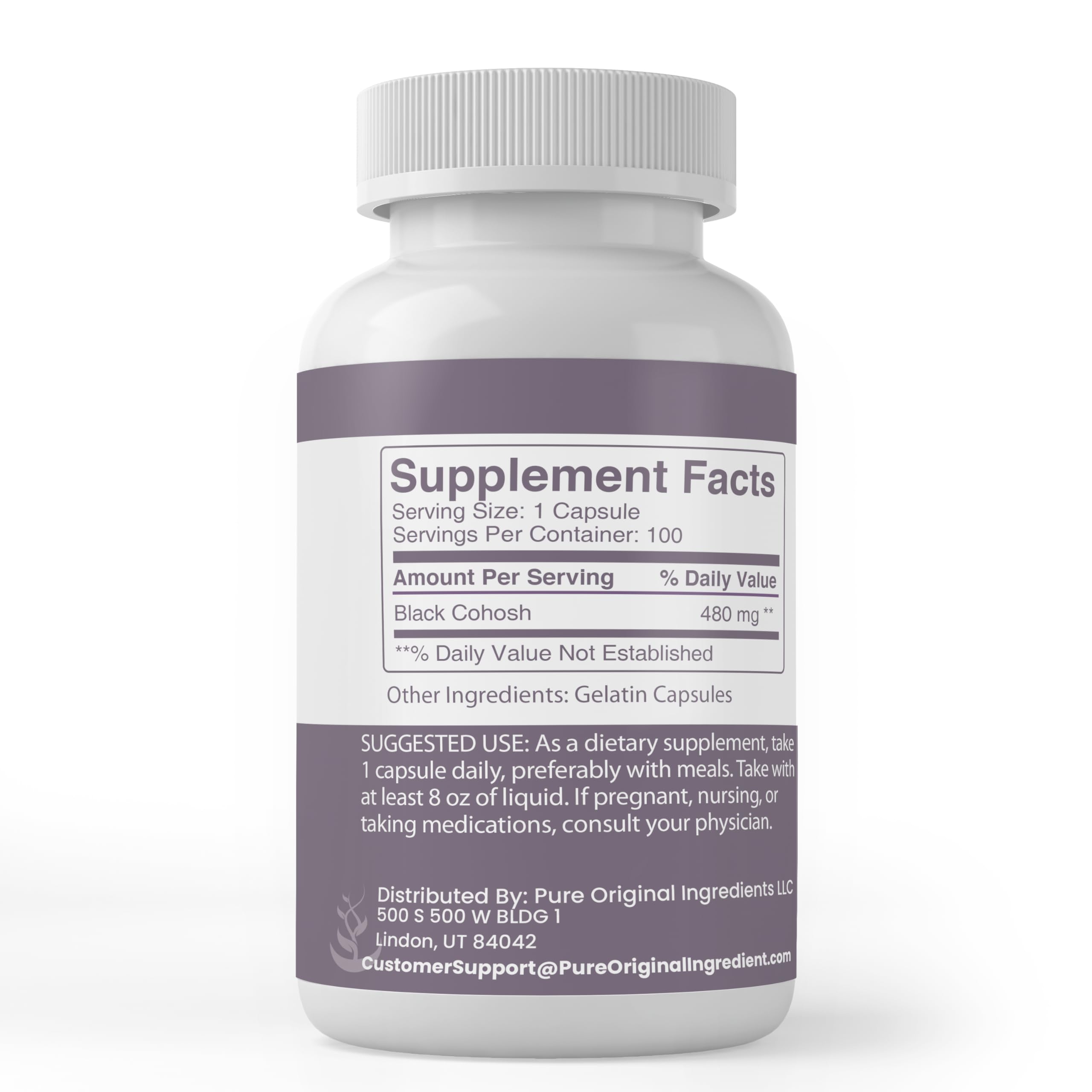 Back of PURE ORIGINAL INGREDIENTS Black Cohosh Root Capsules packaging