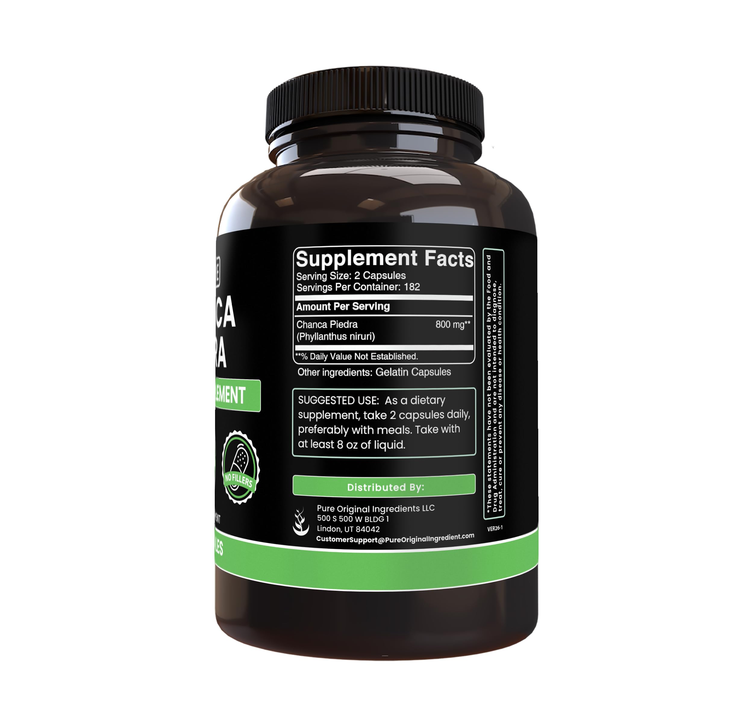 Back of PURE ORIGINAL INGREDIENTS Chanca Piedra Capsules packaging