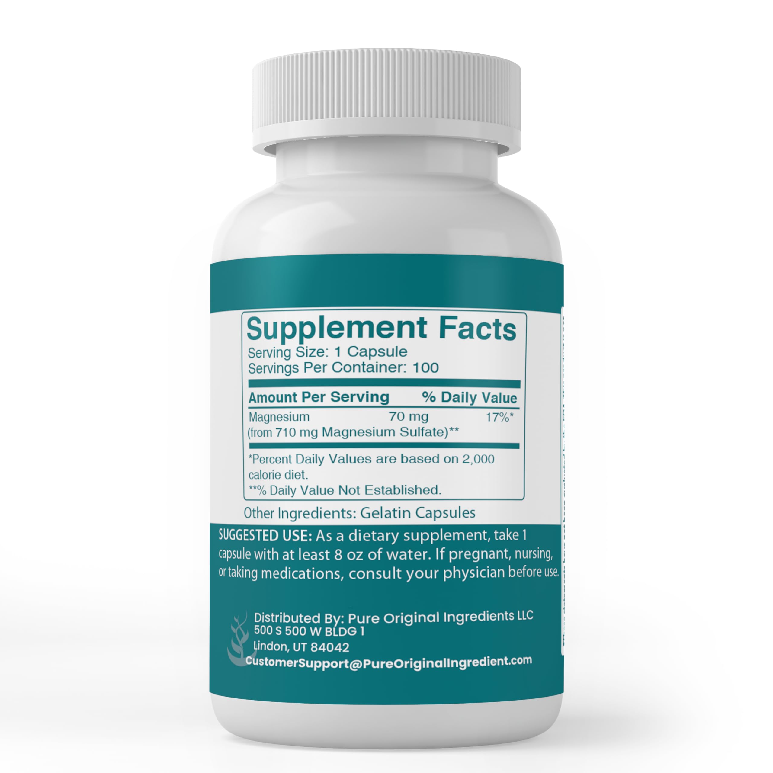 Back of PURE ORIGINAL INGREDIENTS Epsom Salt Capsules packaging