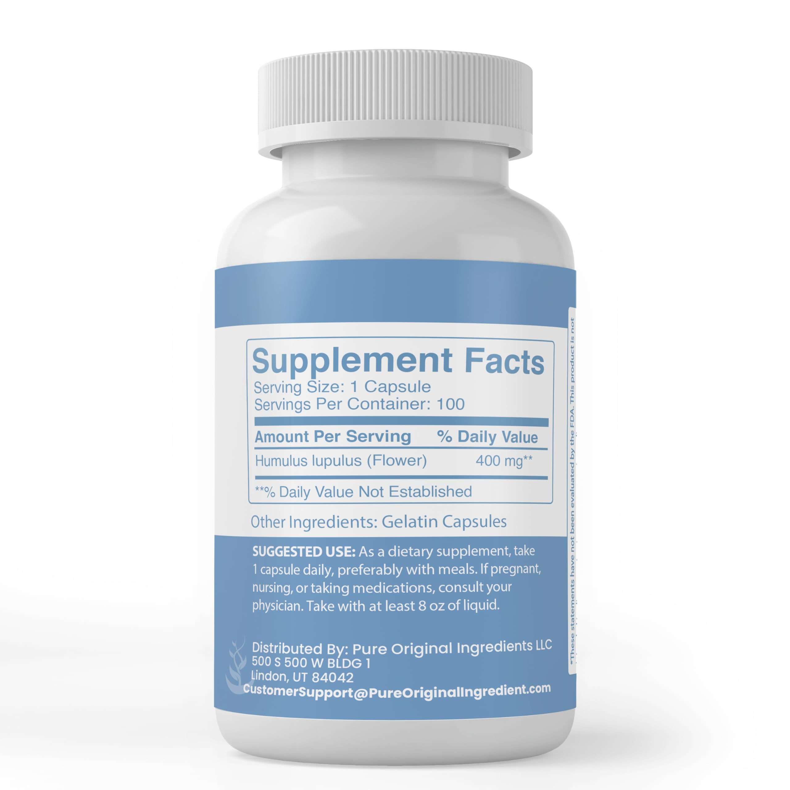 Back of PURE ORIGINAL INGREDIENTS Hops Extract Capsules packaging