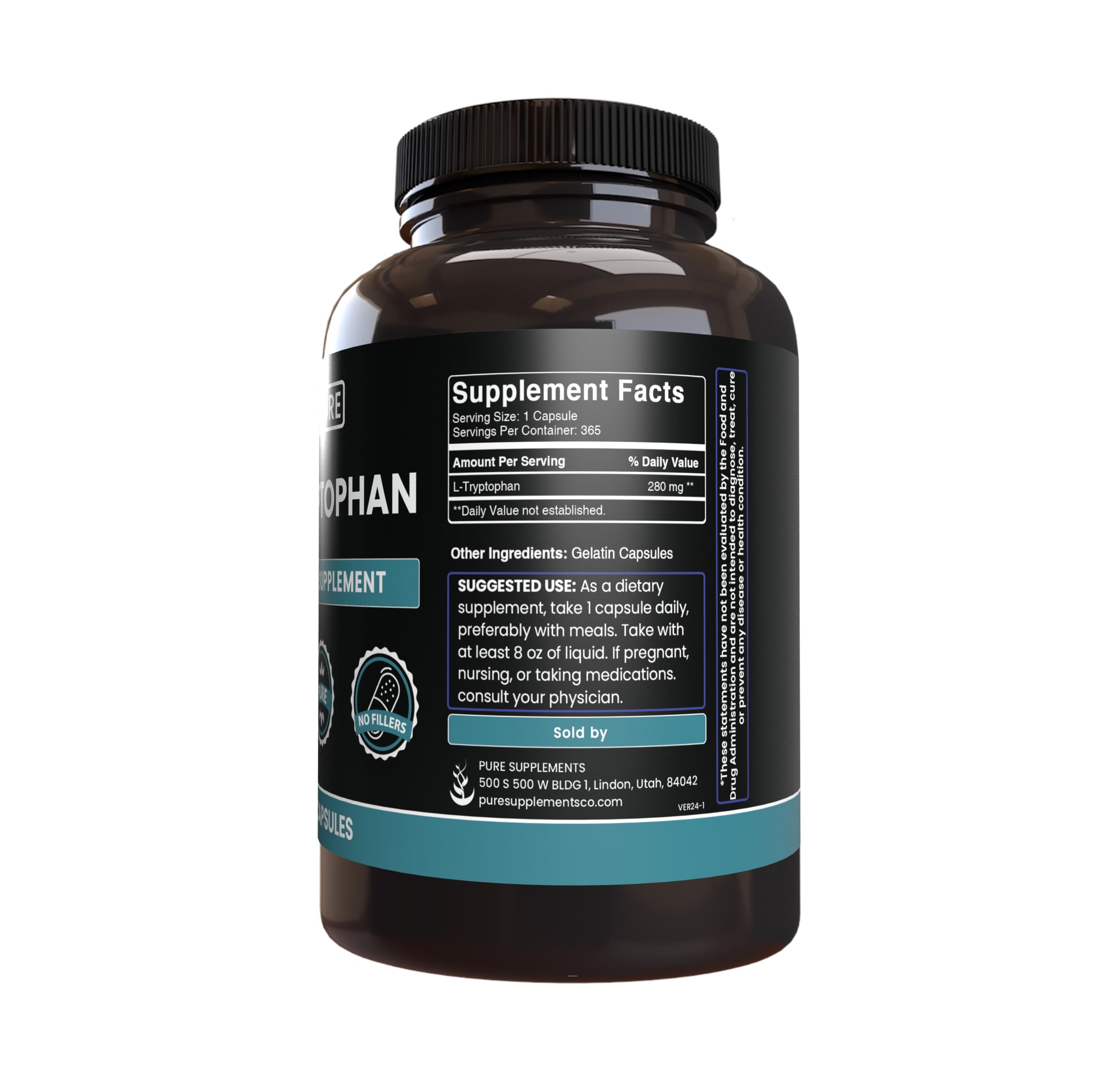 Back of PURE ORIGINAL INGREDIENTS L-Tryptophan Capsules packaging