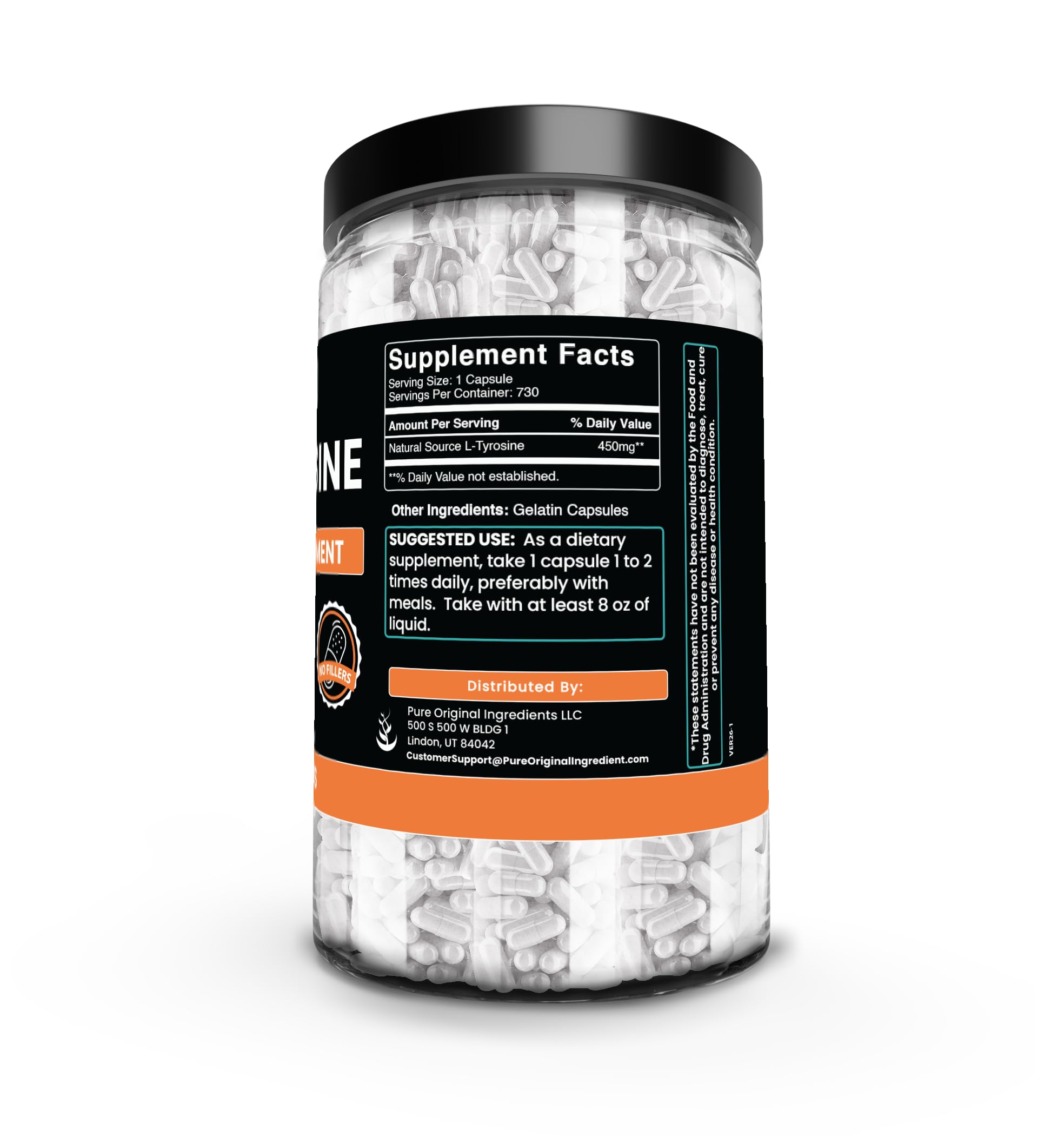 Back of PURE ORIGINAL INGREDIENTS L-Tyrosine Capsules packaging