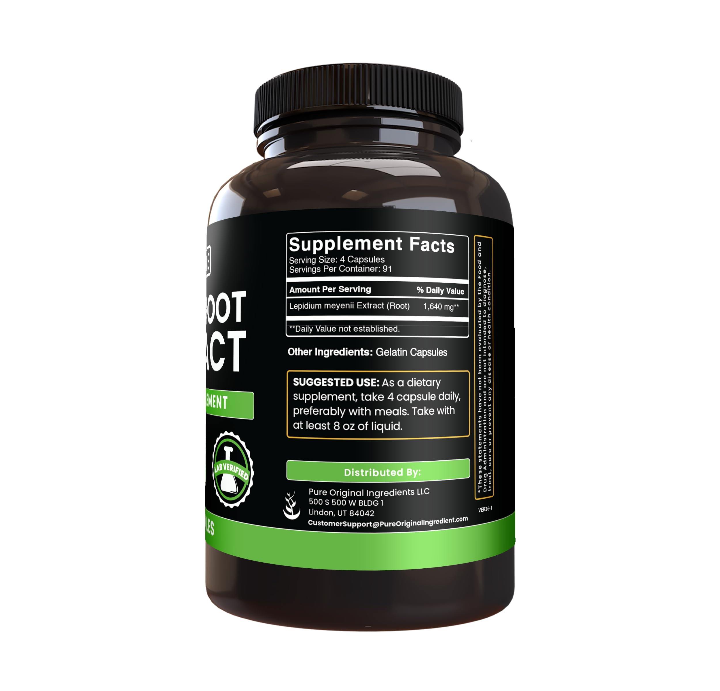Back of PURE ORIGINAL INGREDIENTS Maca Root Capsules packaging