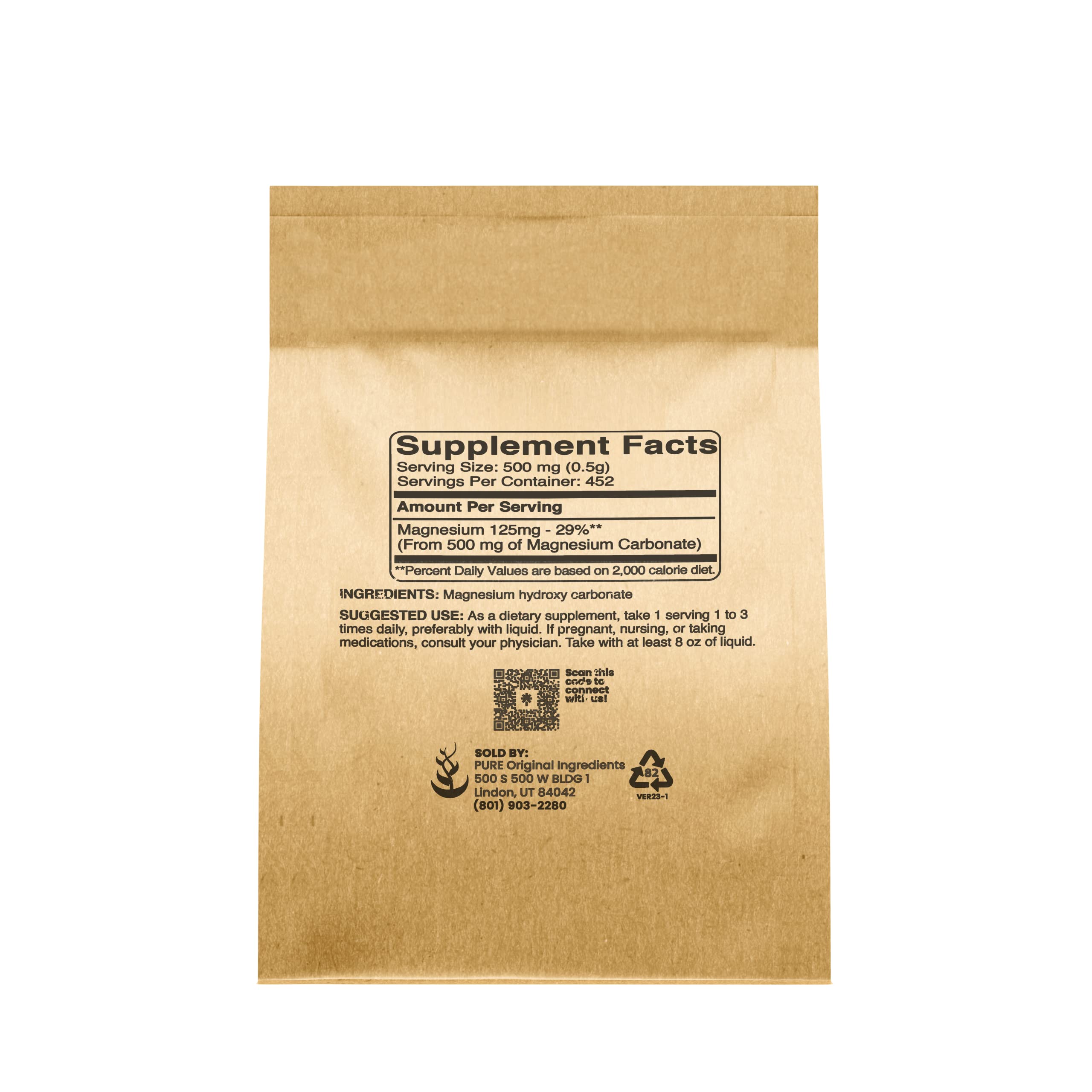 Back of PURE ORIGINAL INGREDIENTS Magnesium Carbonate Powder packaging