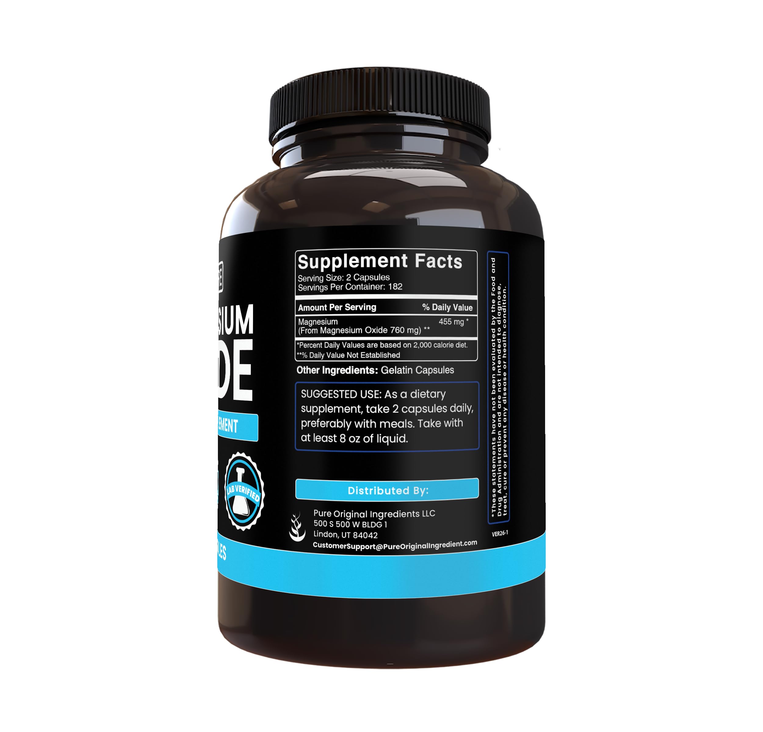 Back of PURE ORIGINAL INGREDIENTS Magnesium Oxide Capsules packaging