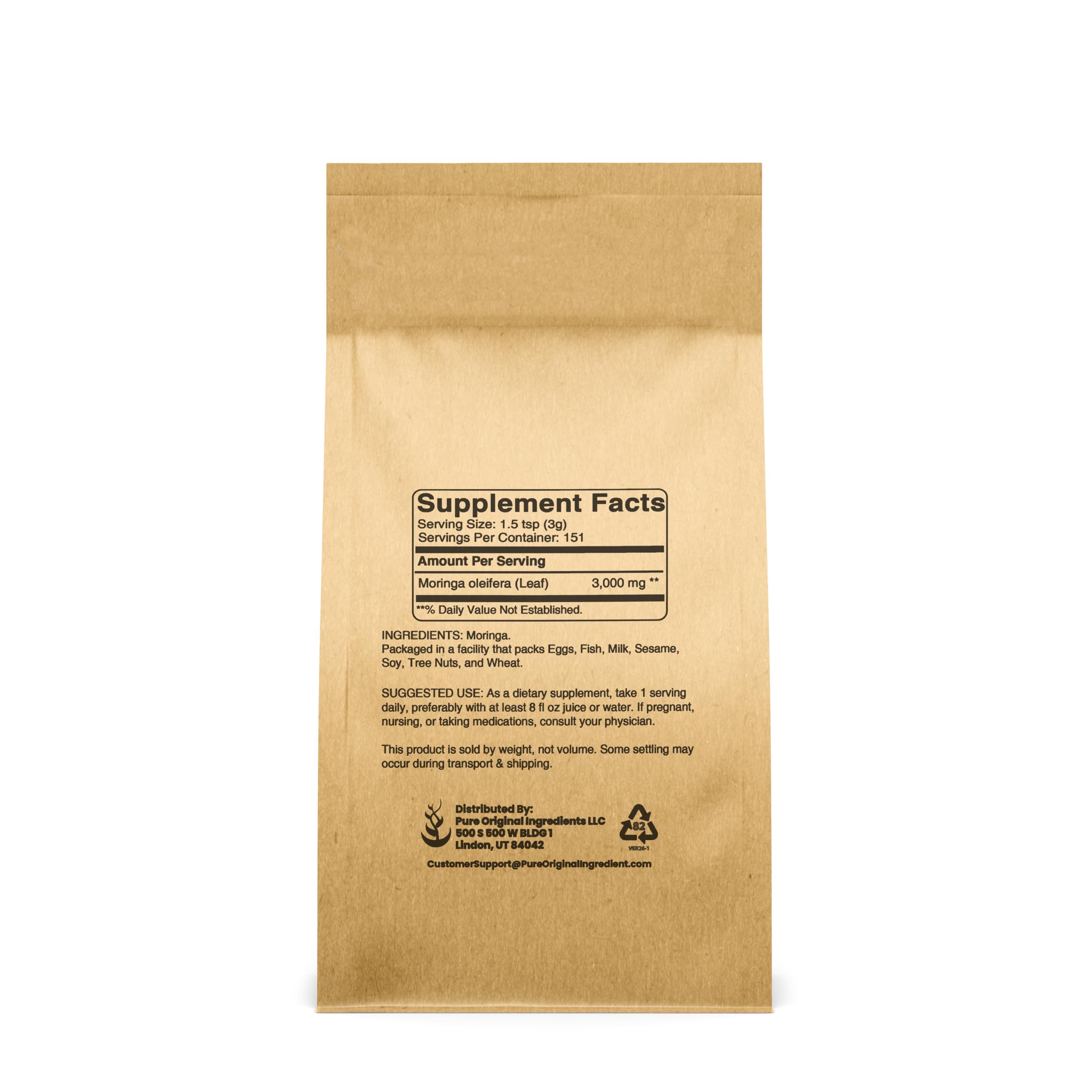 Back of PURE ORIGINAL INGREDIENTS Moringa Powder packaging
