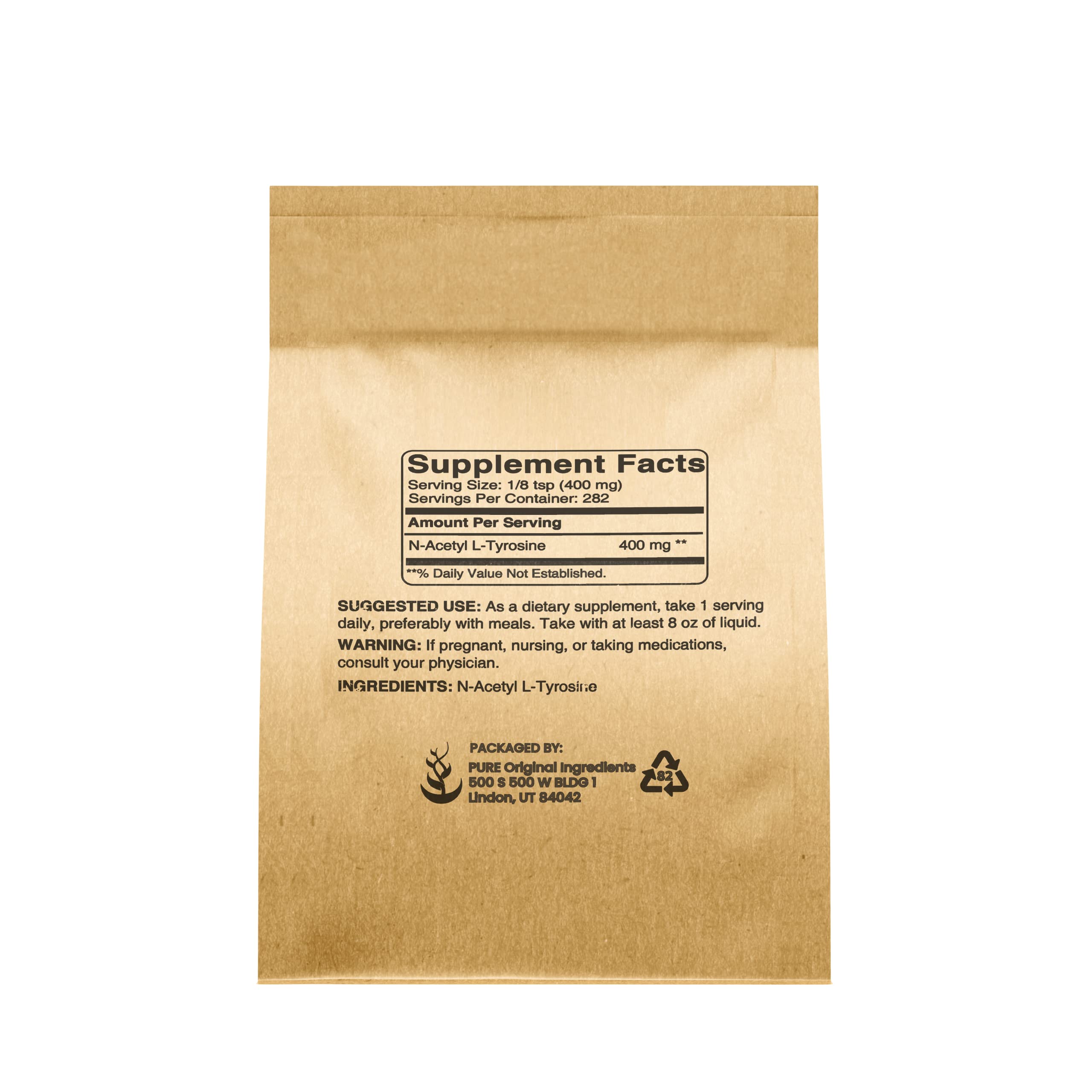Back of PURE ORIGINAL INGREDIENTS N-Acetyl L-Tyrosine 130g packaging