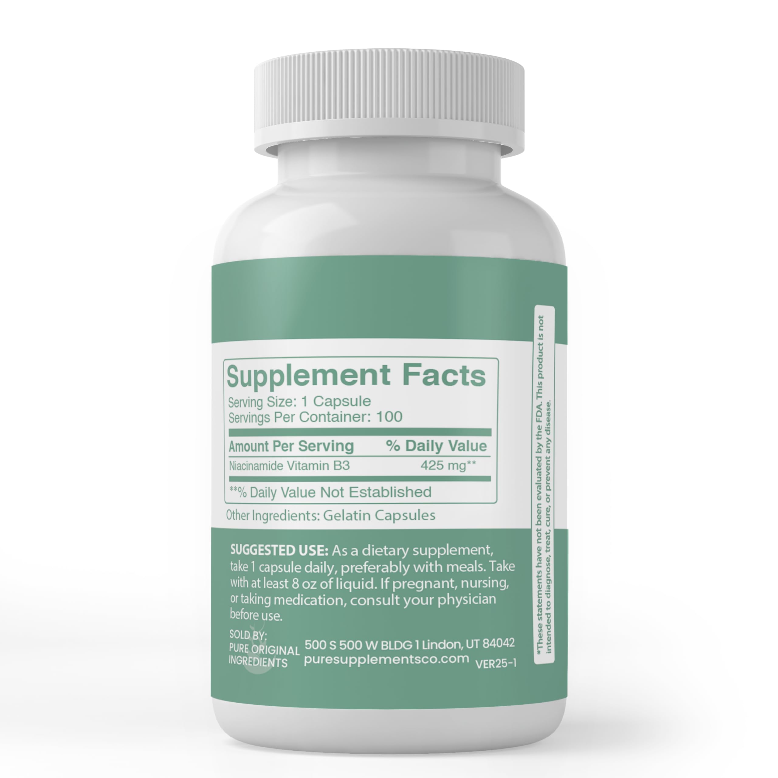 Back of PURE ORIGINAL INGREDIENTS Niacinamide (Vitamin B3) Capsules packaging