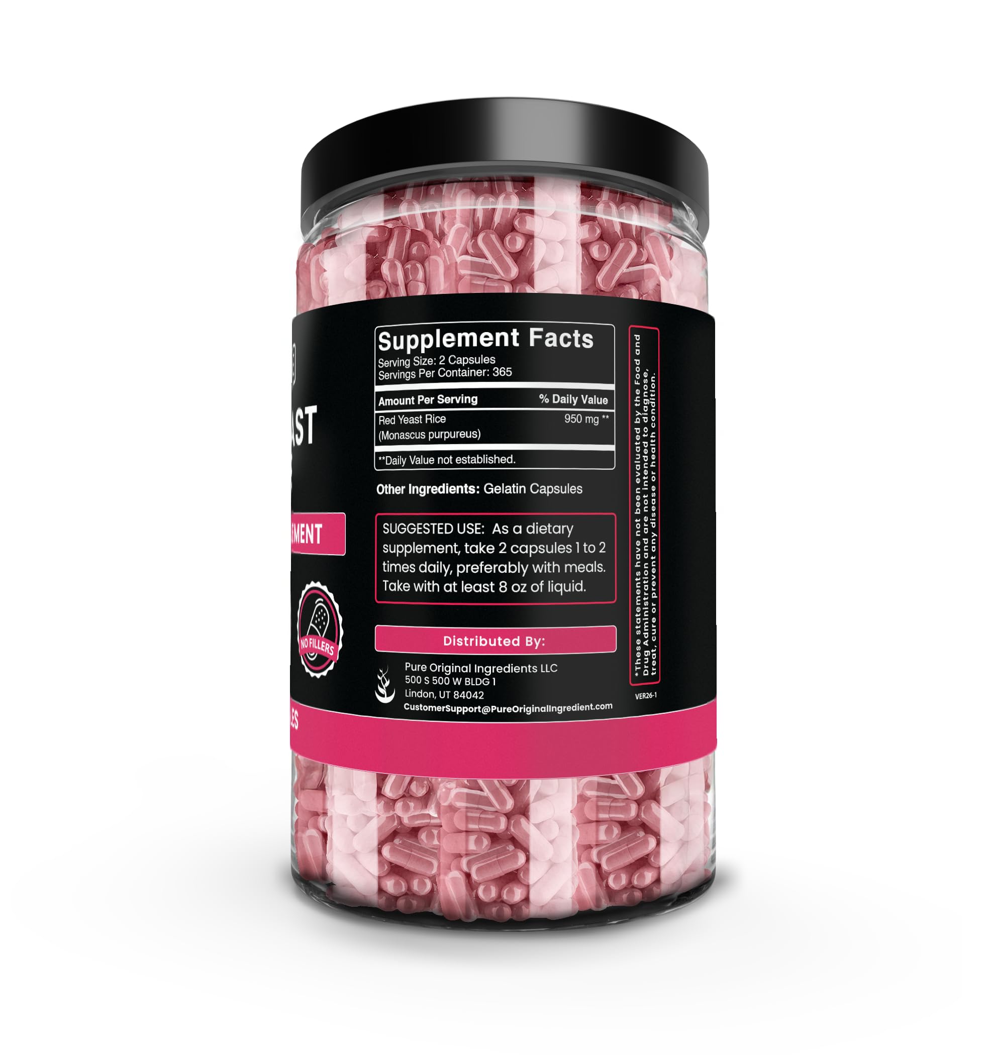 Back of PURE ORIGINAL INGREDIENTS Red Yeast Rice Capsules packaging