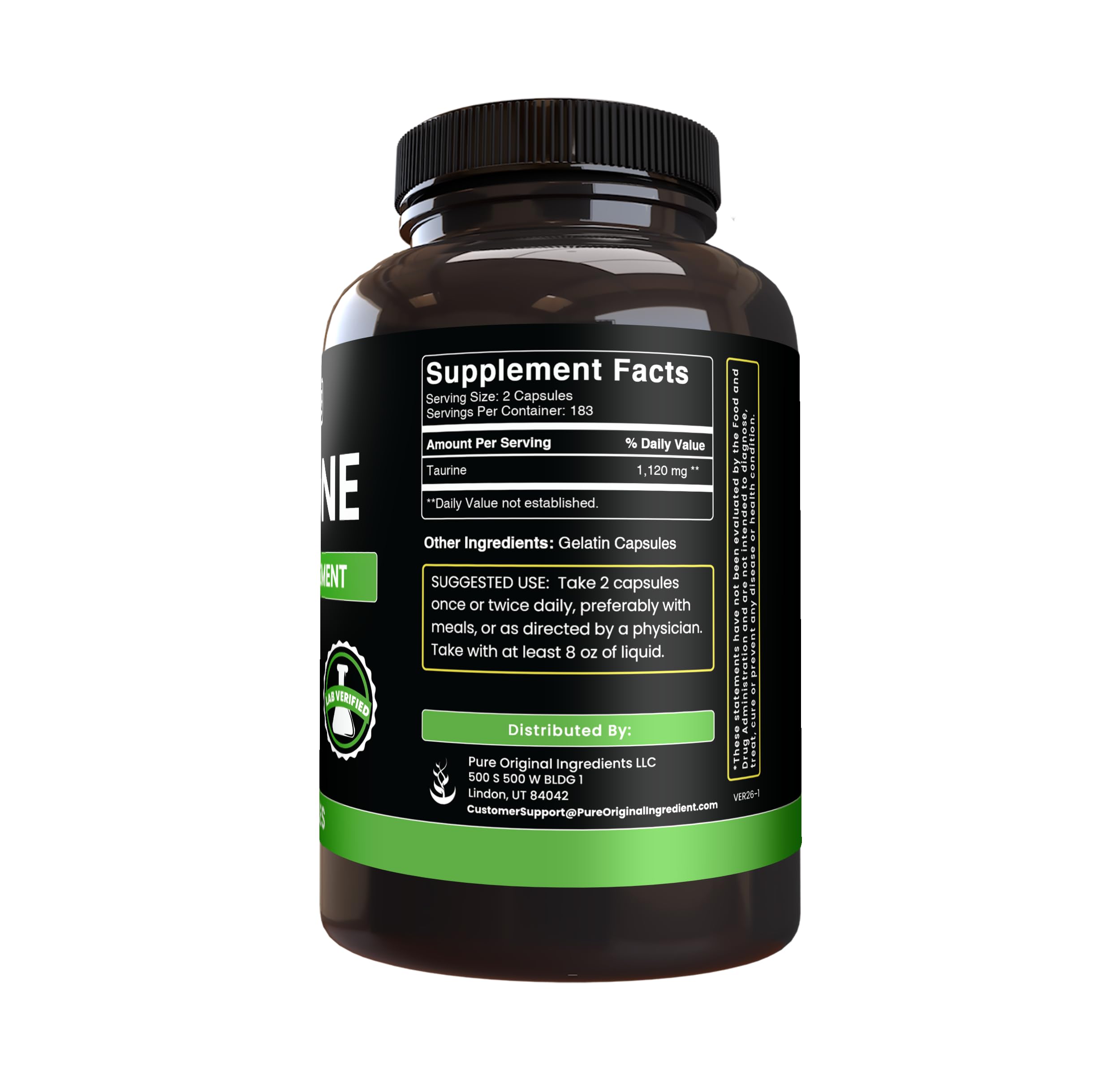 Back of PURE ORIGINAL INGREDIENTS Taurine Capsules packaging
