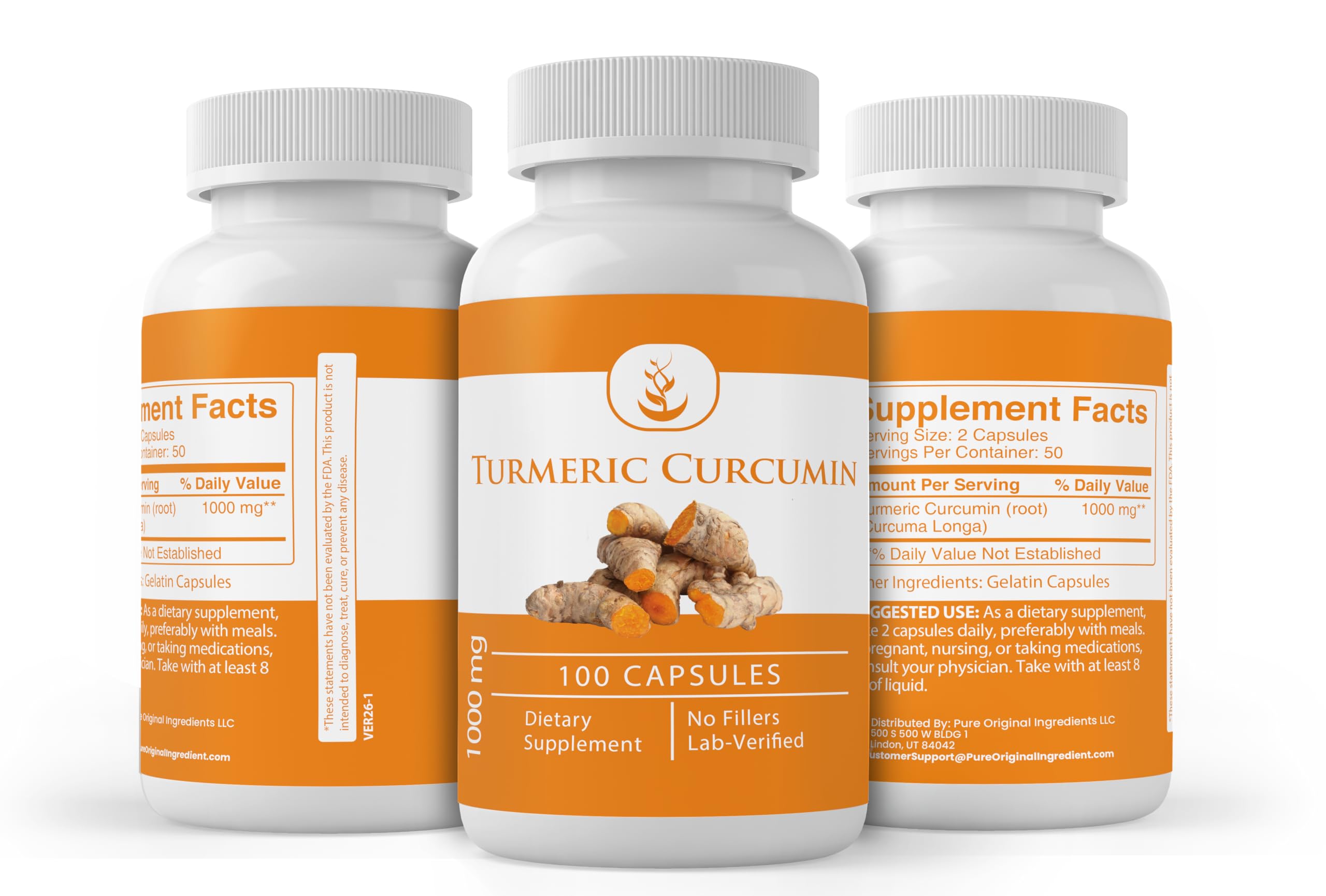 Back of PURE ORIGINAL INGREDIENTS Turmeric Curcumin Capsules packaging