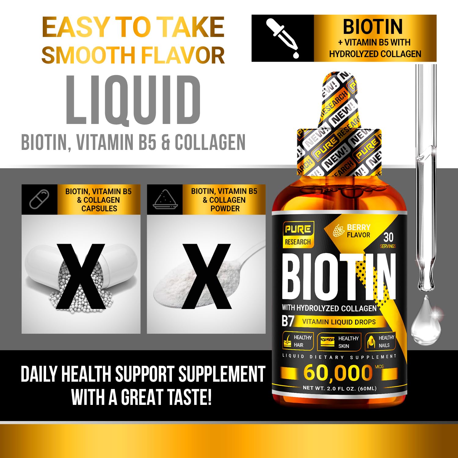 Back of PURE RESEARCH Biotin Collagen Liquid Drops packaging